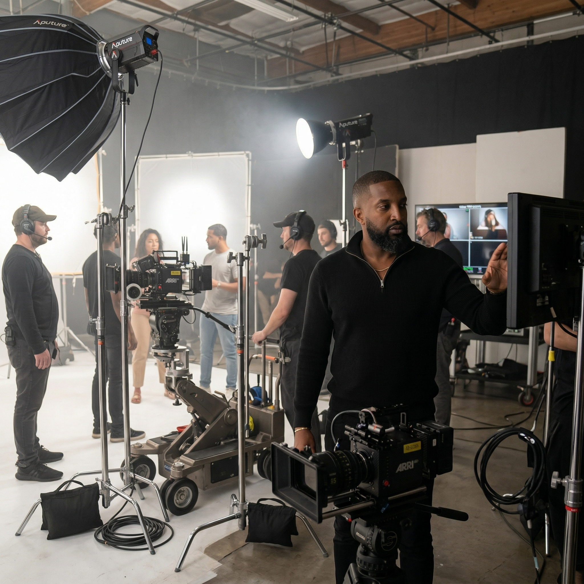 Flash Forward founder Jamal Ward directing a commercial shoot on a professional studio set with ARRI camera and Aputure lighting in Toronto