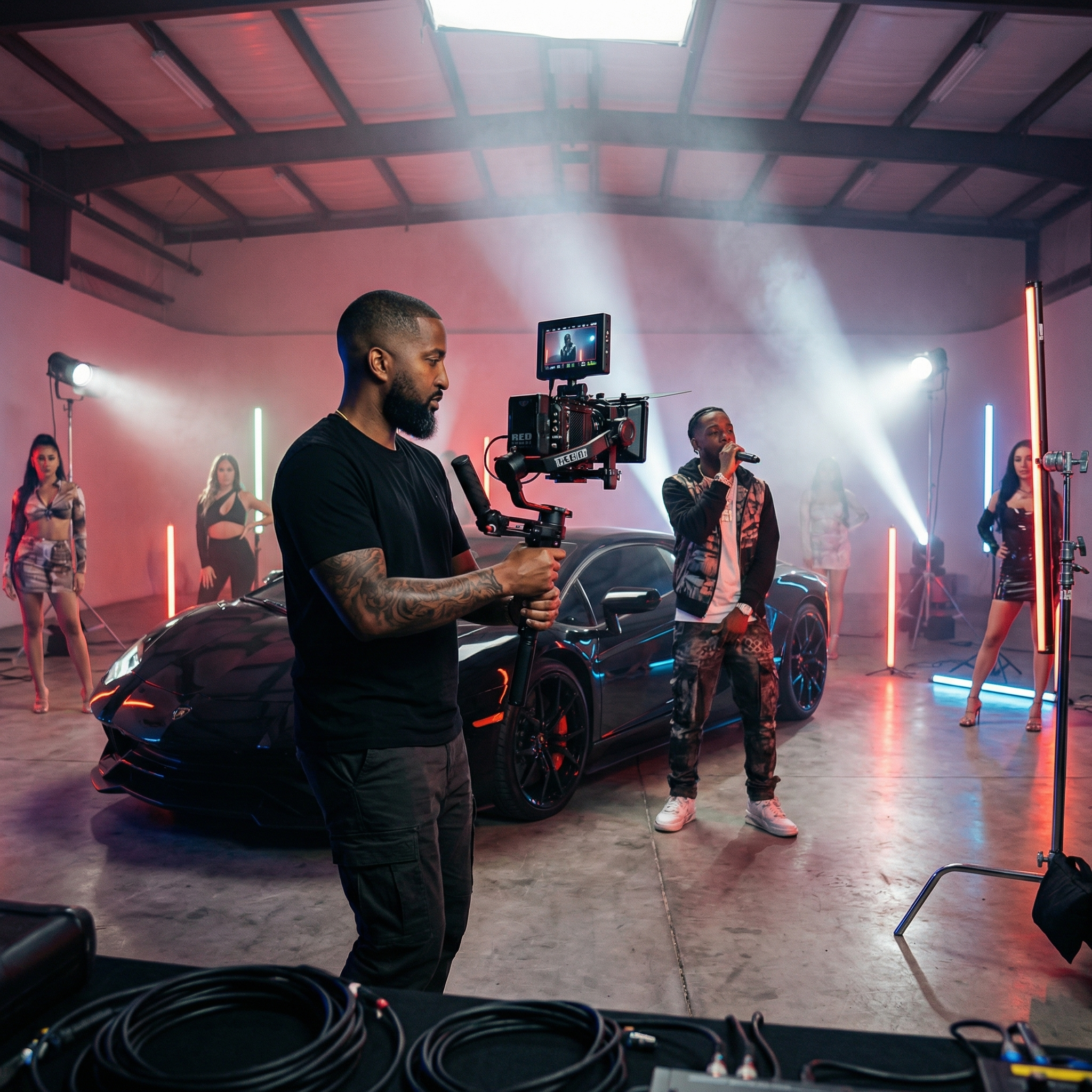 Flash Forward cinematographer shooting a music video on a RED camera gimbal setup with creative RGB lighting in a Toronto studio