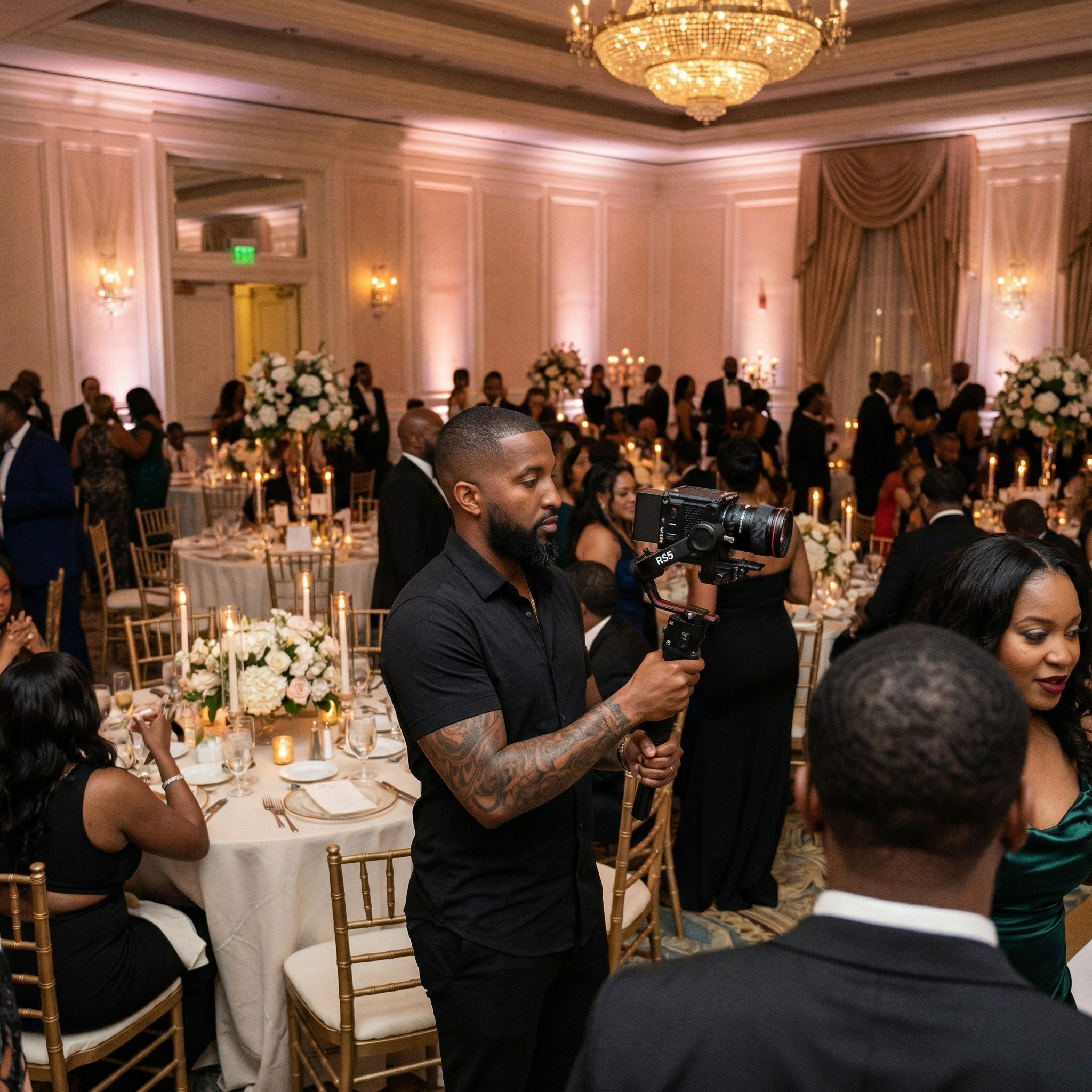 Flash Forward videographer capturing cinematic event coverage on a gimbal stabilizer at a formal gala in Toronto