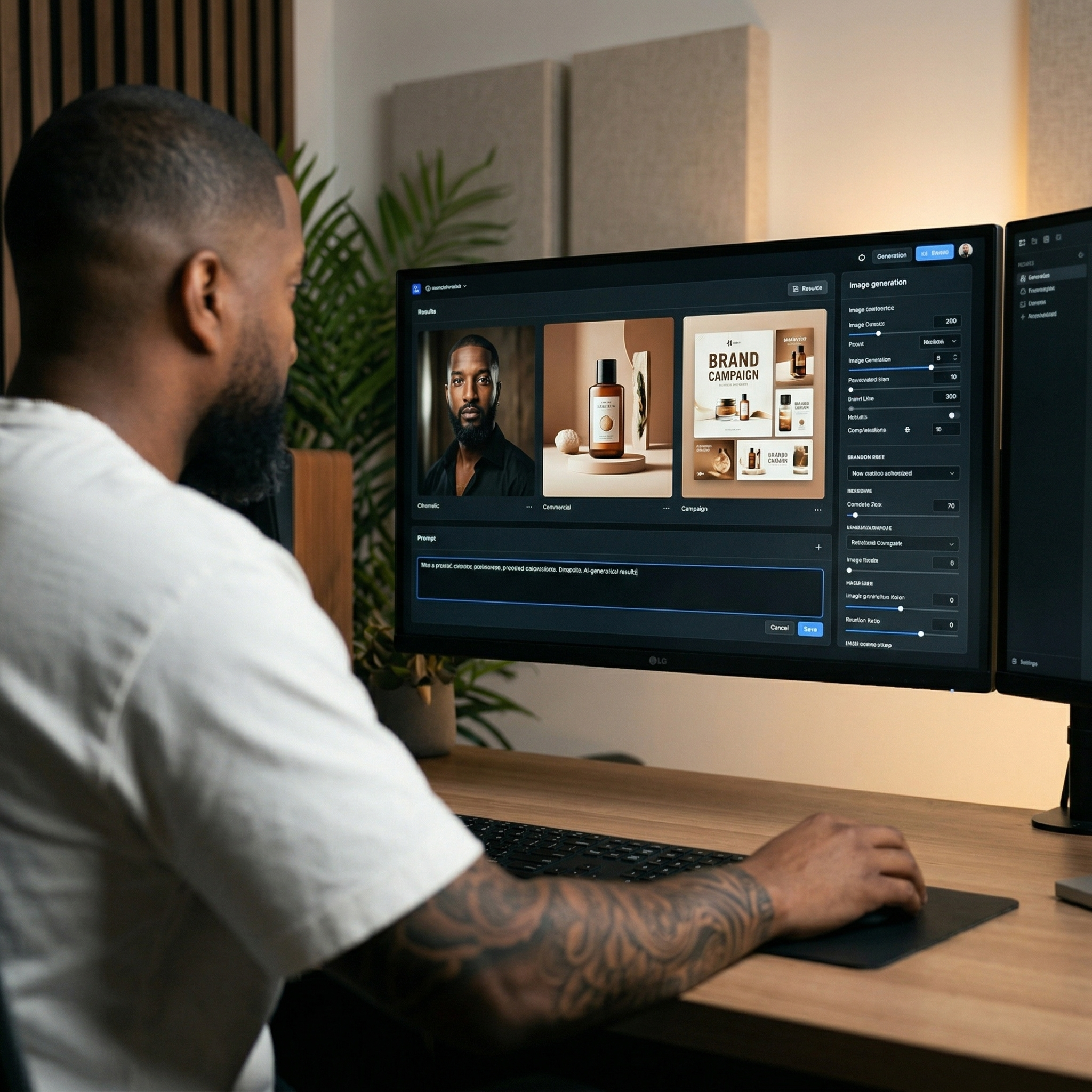 Flash Forward founder using AI image generation tools to create brand campaign visuals and professional headshots at a dual monitor workstation