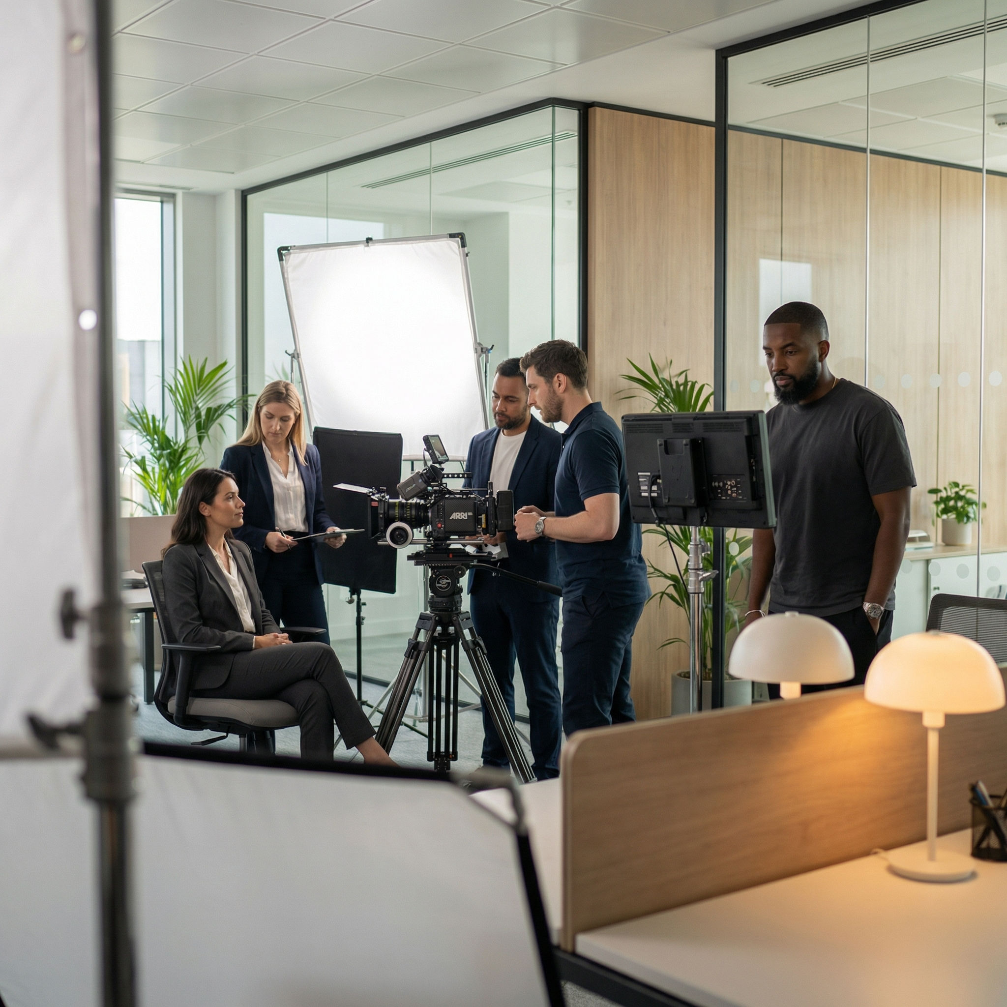 Flash Forward production crew filming a corporate video interview in a Toronto office with ARRI cinema camera and professional lighting