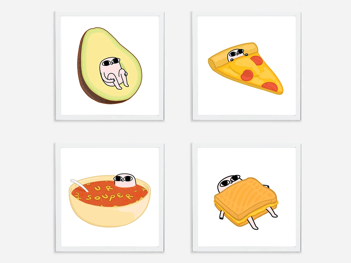 "Avocado", "Pizza", "Soup", and "Toastie" from the "Comford Food" series by Ketnipz. Published by Monsieur Marcel.