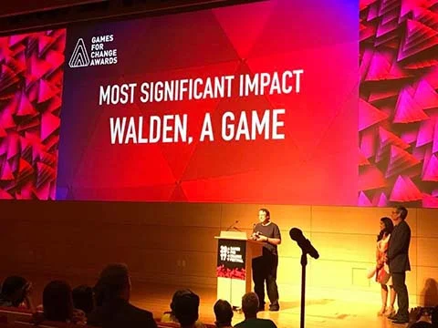 Tracy Fullerton accepts the Most Significant Impact Award at Games for Change.