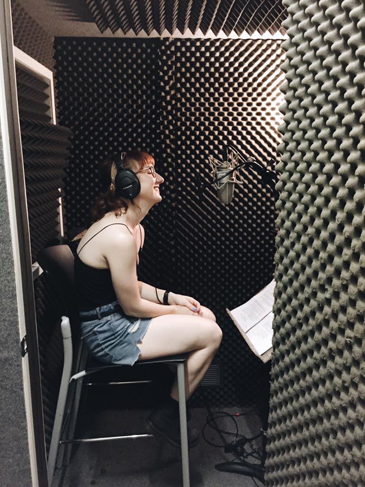 writer/creator kimberly rolfs (who also plays maggie) in the sound booth.