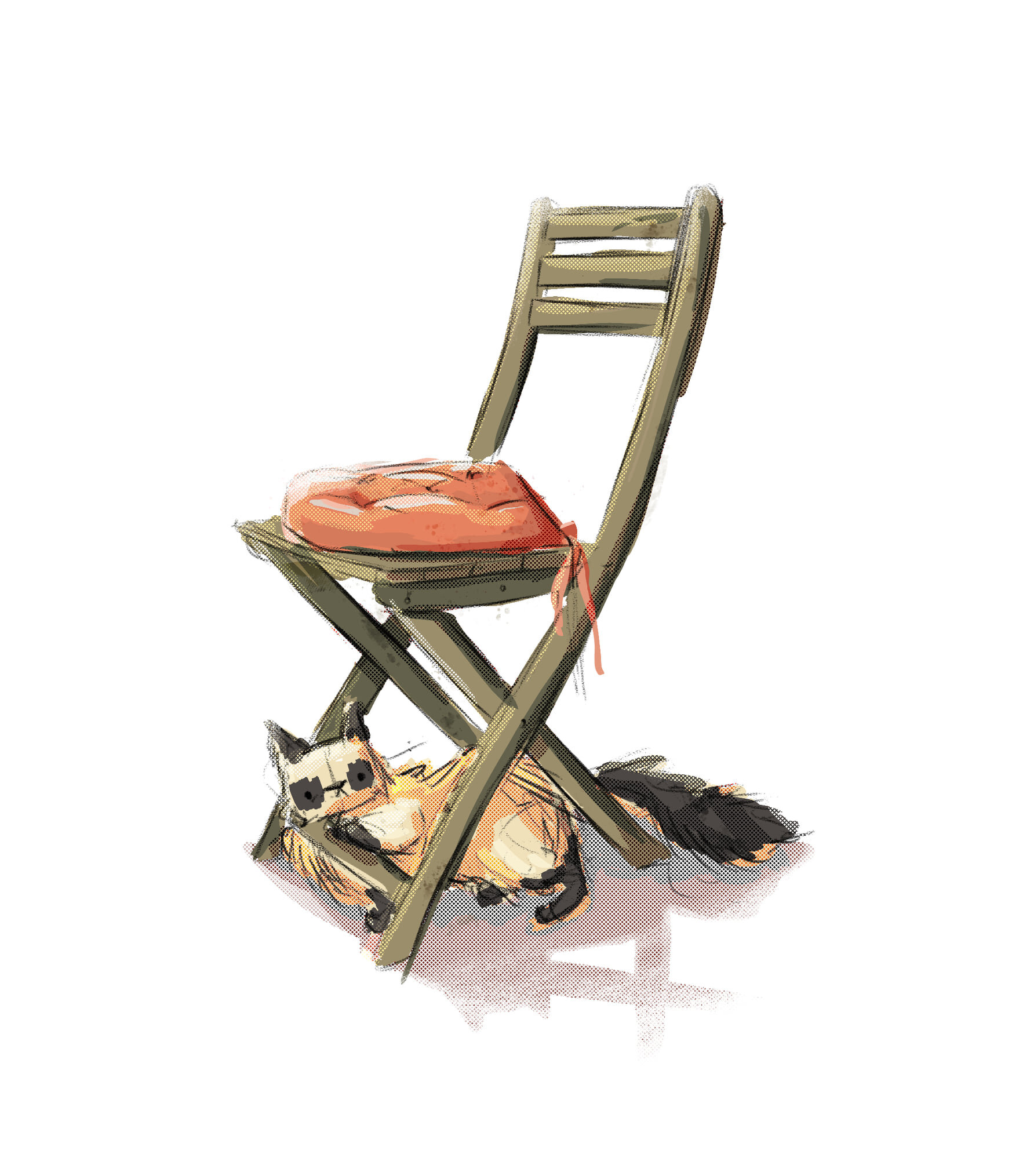A cat under a chair