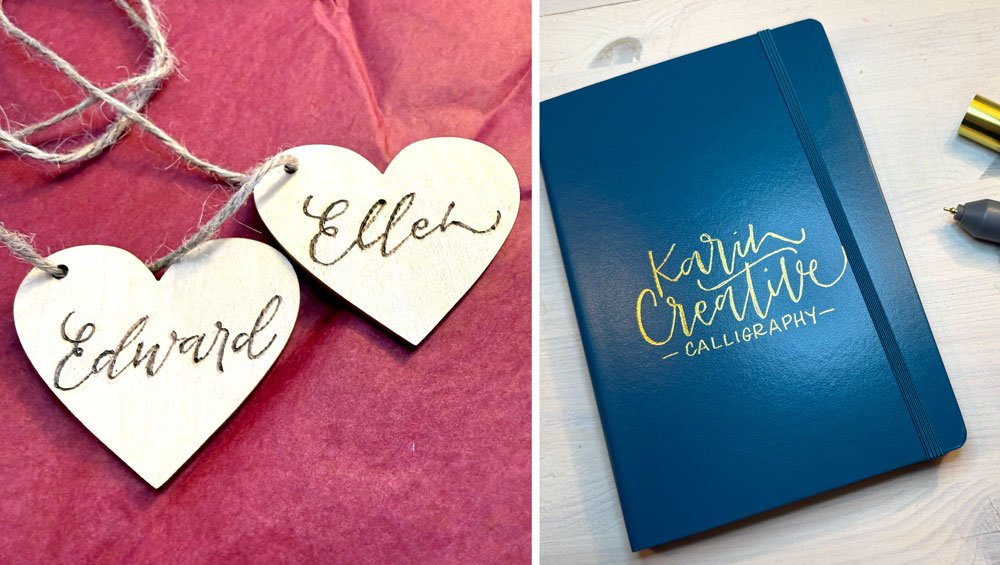 inbränd kalligrafi, guldfoliering