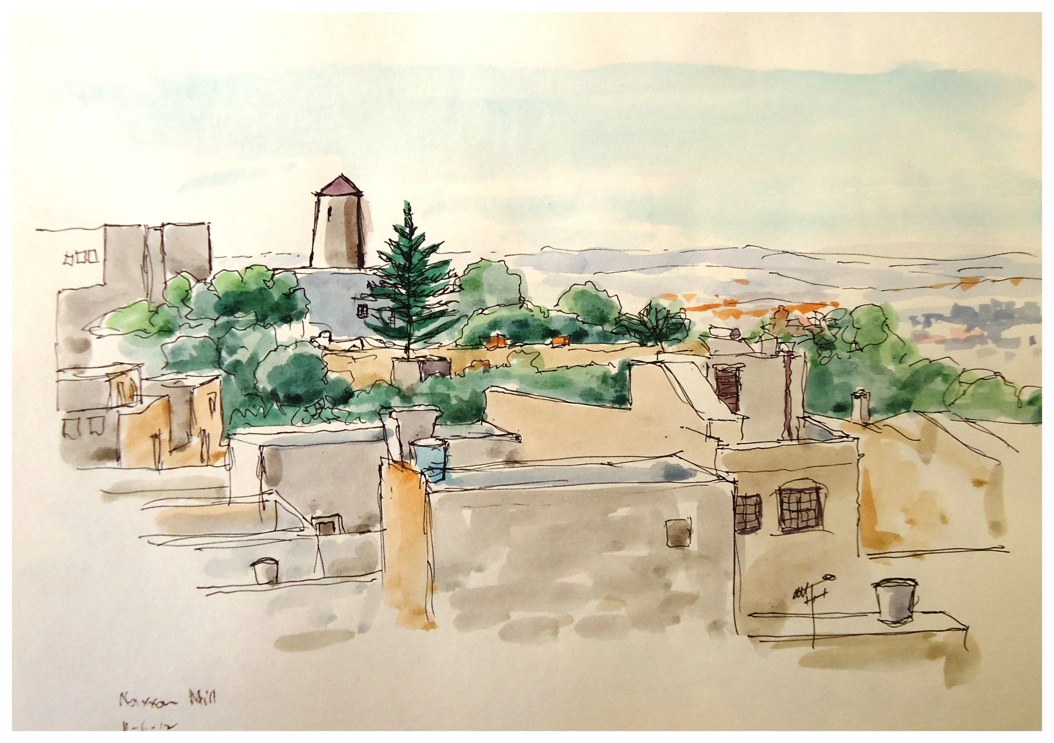 Naxxar panorama, ink and watercolour, 9" x 12"