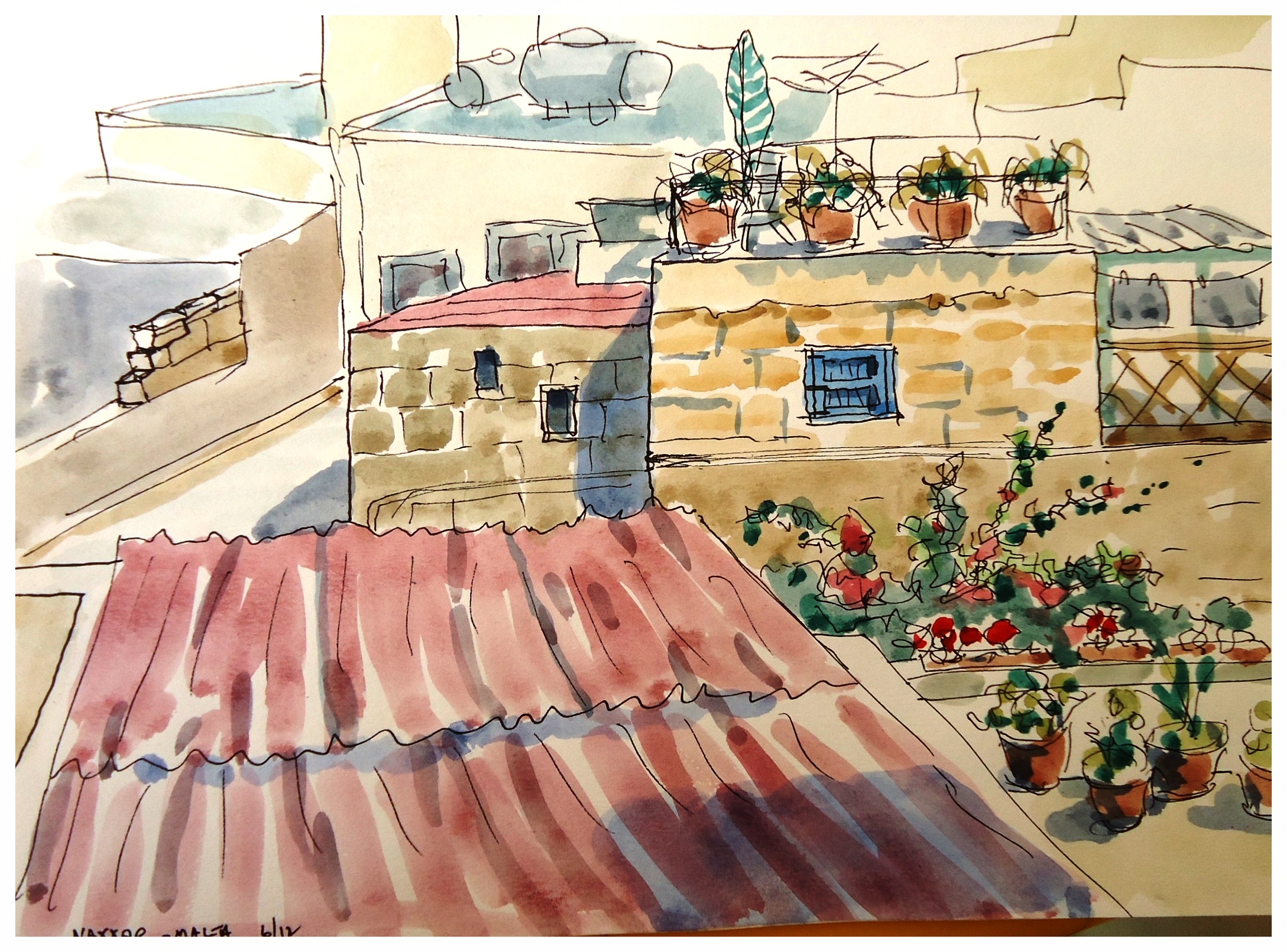 Naxxar rooftops, ink and watercolour, 9" x 12"