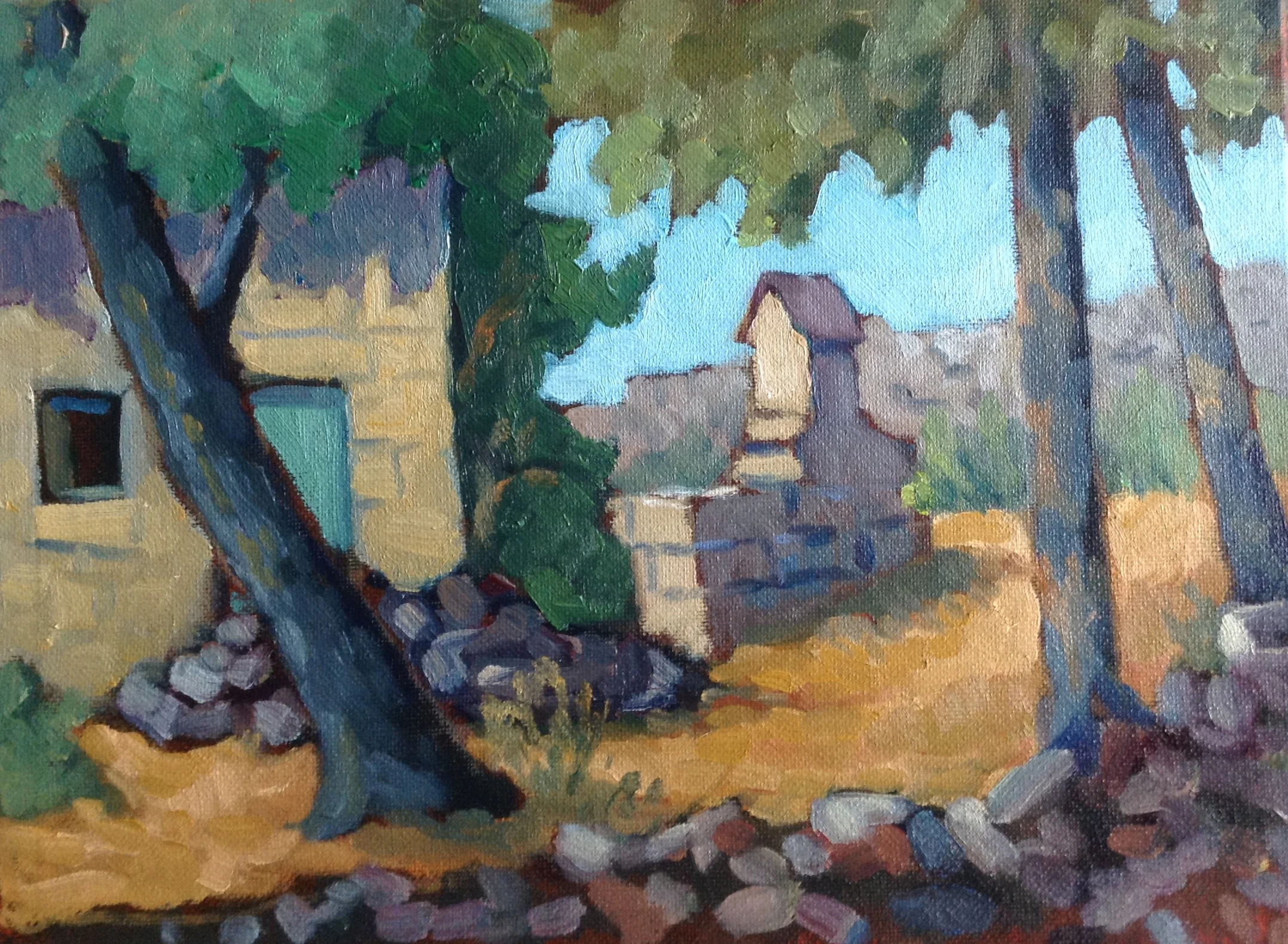 Milestone at Buskett Gardens. Oil painting on canvas board (9" x 12"). This was a favorite place for our family picnics even when I was a child. The painting is from a watercolour sketch I had done in 1974. All milestones in Malta used to show the distance to Valletta but this was scratched out during World War II in order to confuse the Germans if they ever invaded Malta!