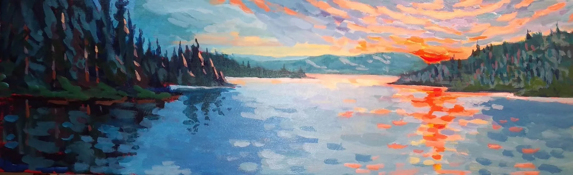 Lake Joseph Sunset, acrylic 10" x 30"
