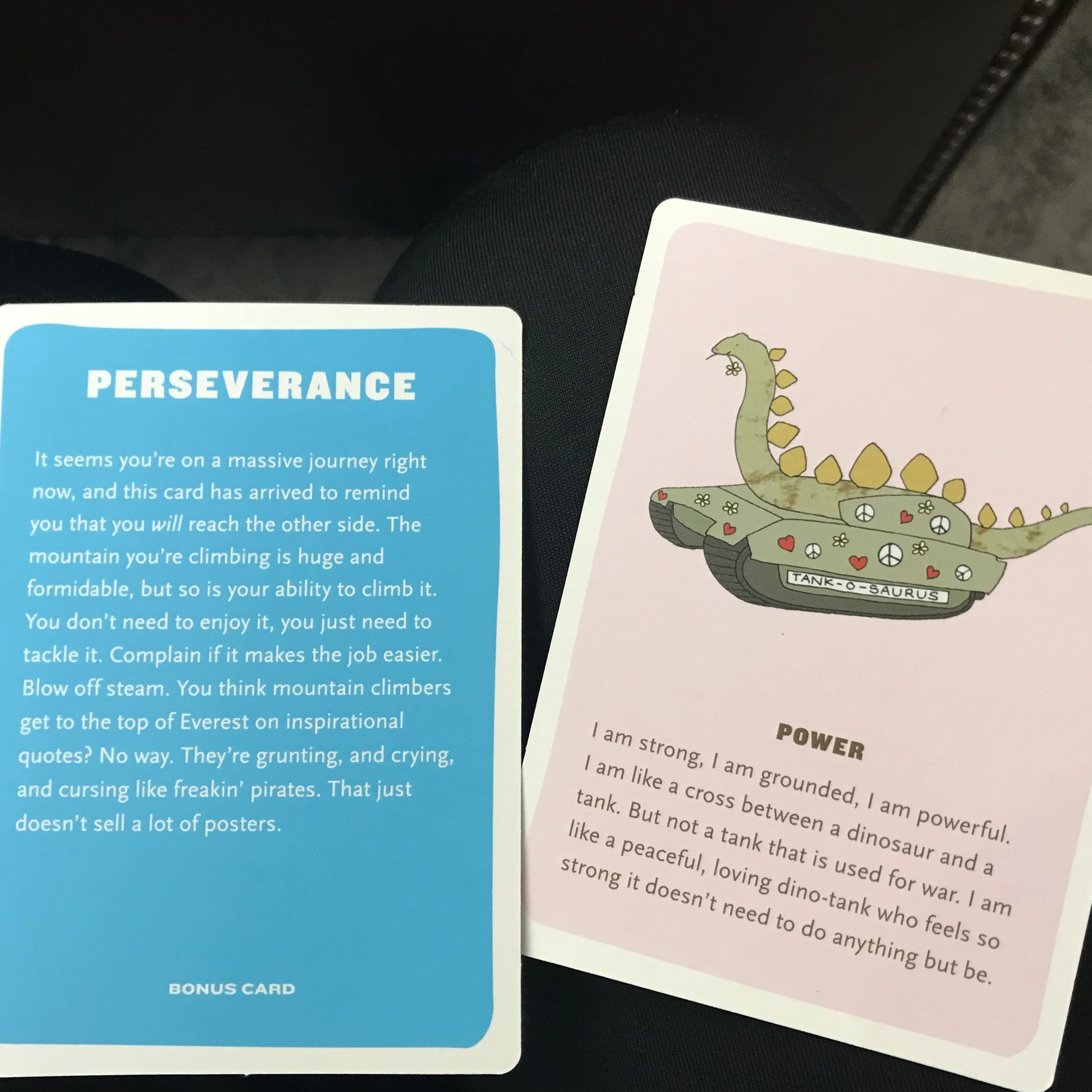 Image of "Perserverance" and "Power" from Affirmators card deck.