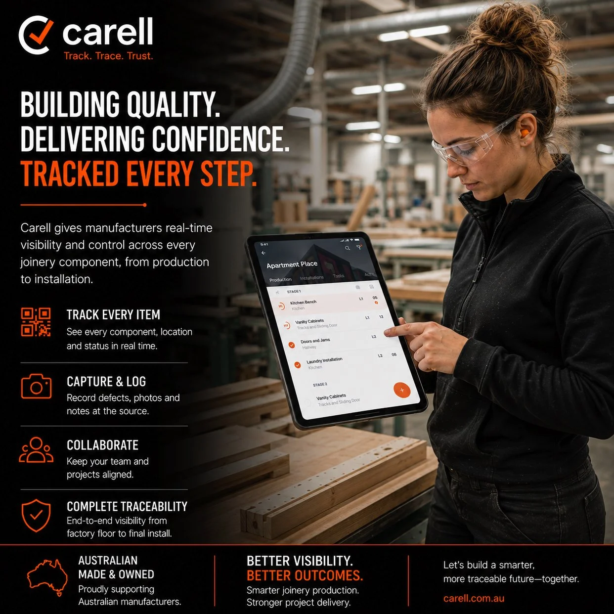 Modern manufacturing needs more than clipboards and spreadsheets.

Carell gives manufacturers real time visibility across every component, every workflow, and every stage of production. 

From the factory floor to final installation, your team stays 