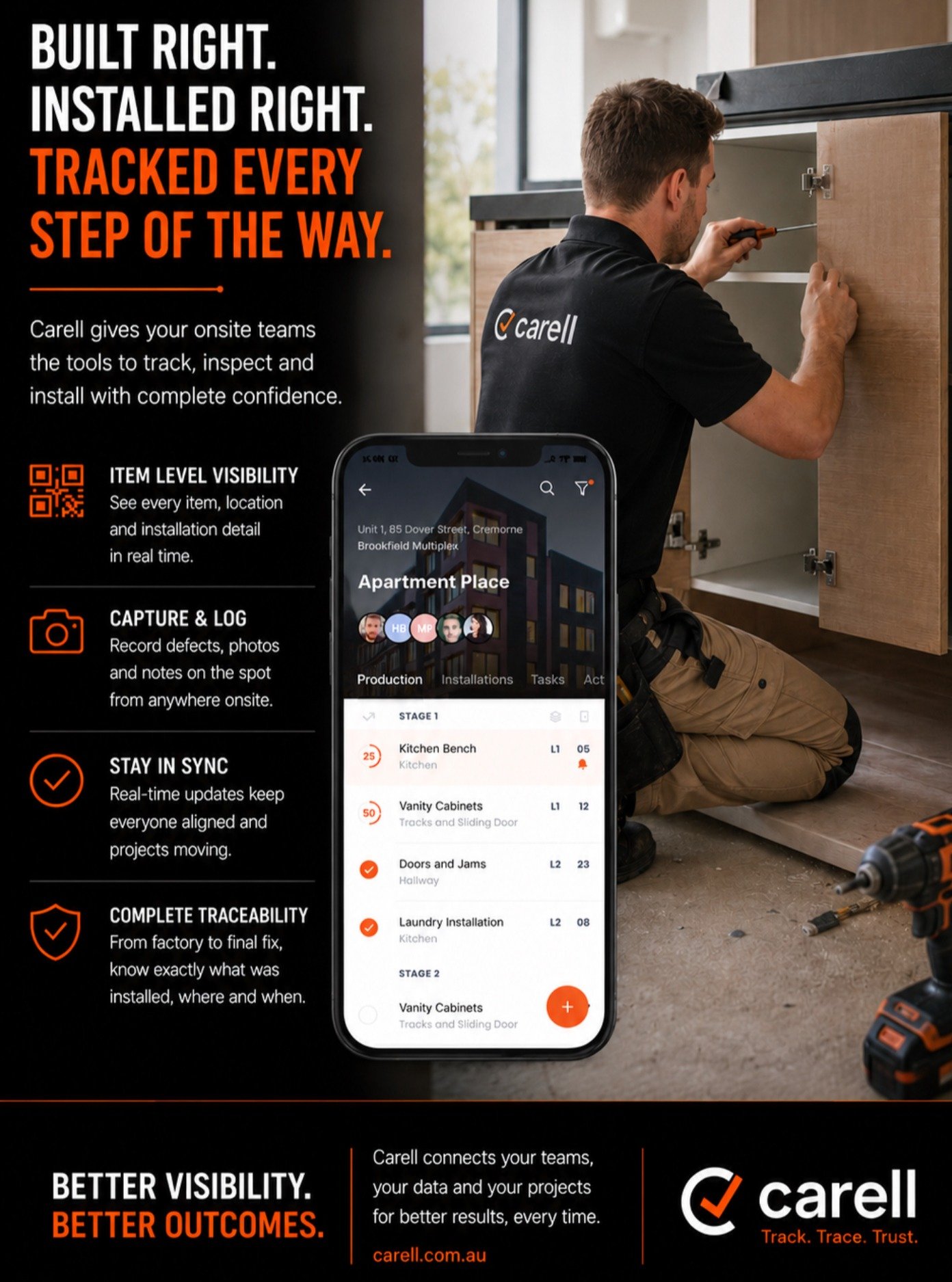 The biggest problems in manufacturing usually start with a lack of visibility.
Missed updates. Unclear responsibility. Defects discovered too late.

Site teams working from outdated information.
Carell connects your factory floor and onsite teams in 