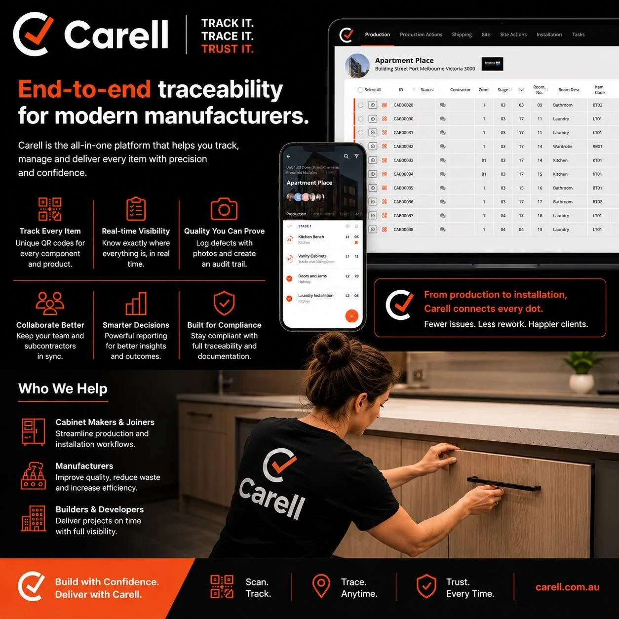 🔍 Know where every item is. Every step of the way.

Manufacturers and cabinet makers lose countless hours chasing updates, managing defects, and trying to keep projects on track.

Carell brings your entire workflow together in one platform, giving y