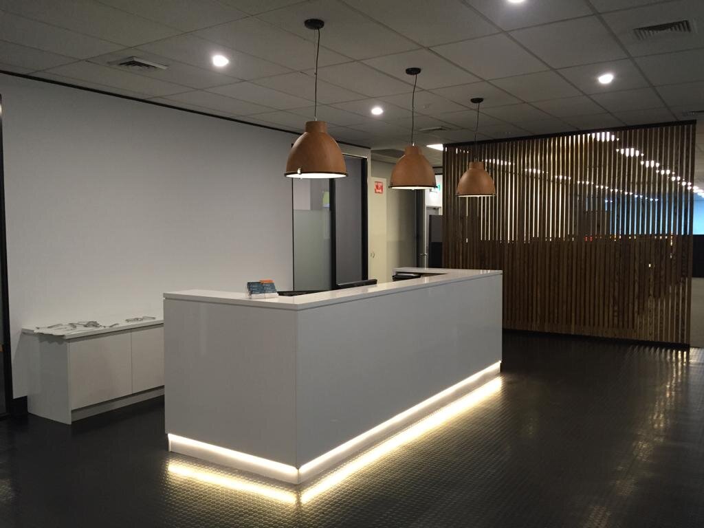 South Melbourne office reception strip lighting and pendants