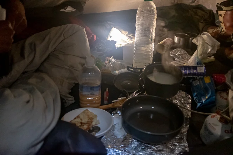 And this was breakfast in the tent just before sunrise the next morning. It was freezing cold.