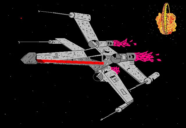An 8-bit X-Wing flies away from an exploding Deathstar.