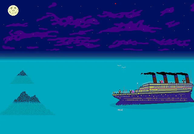 Pixel art of the Titanic as it approaches an iceberg.