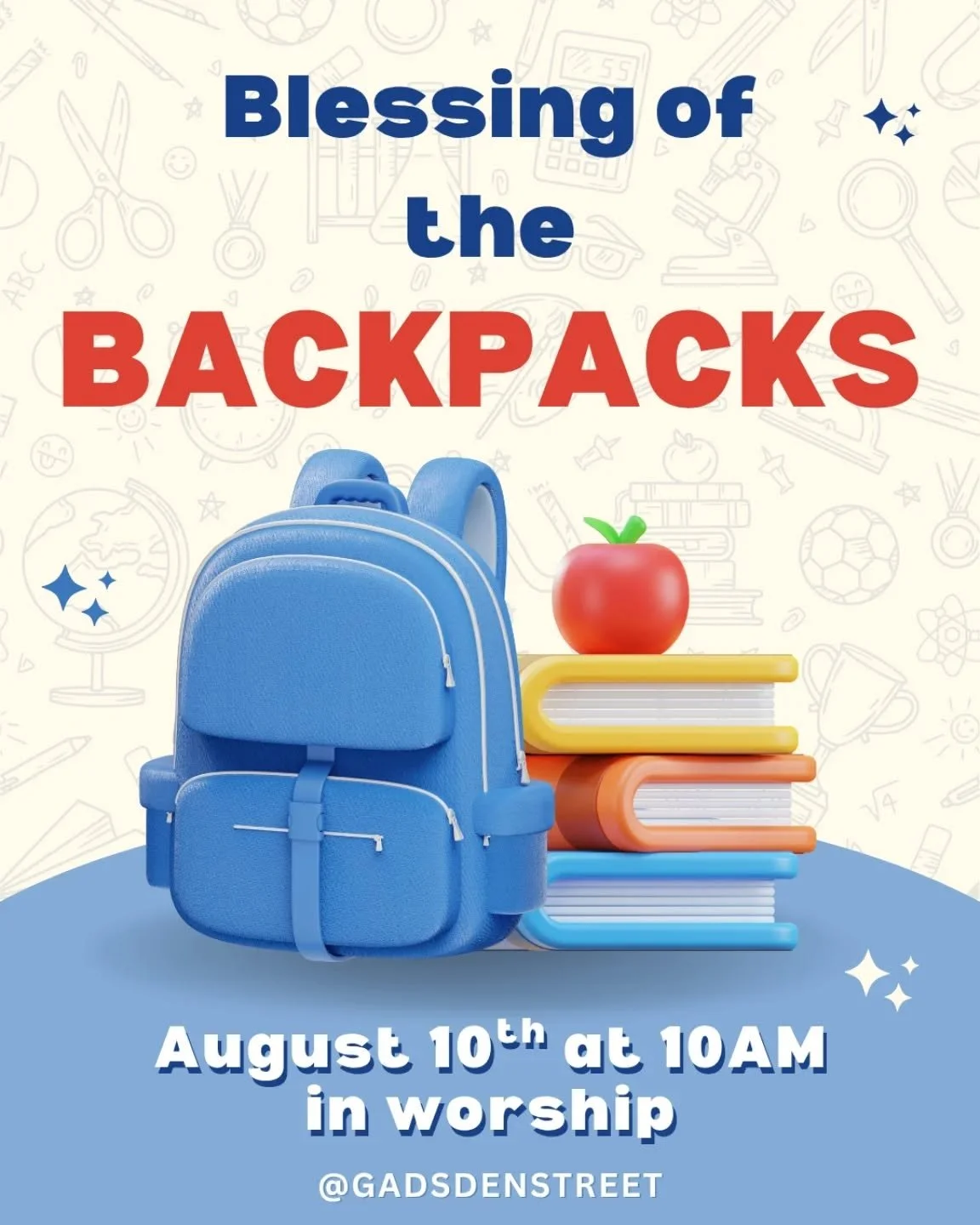 New school year, new beginnings! Our annual Blessing of the Backpacks is happening on August 10th at 10 AM during our worship service.

We'd love for all students, parents, and teachers to be there! Let's come together as a community to pray for stre