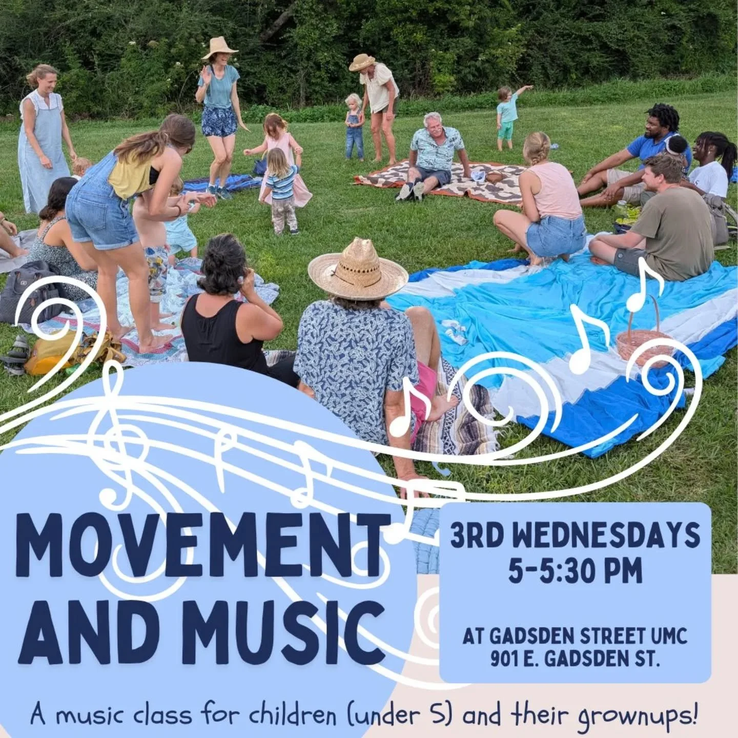 You're invited to a free music class for children and their parents/guardians. Our next class is Wednesday, August 20, at Gadsden Street UMC! We'll be inside this month, so just follow the signs when you arrive. Hope to see you then!