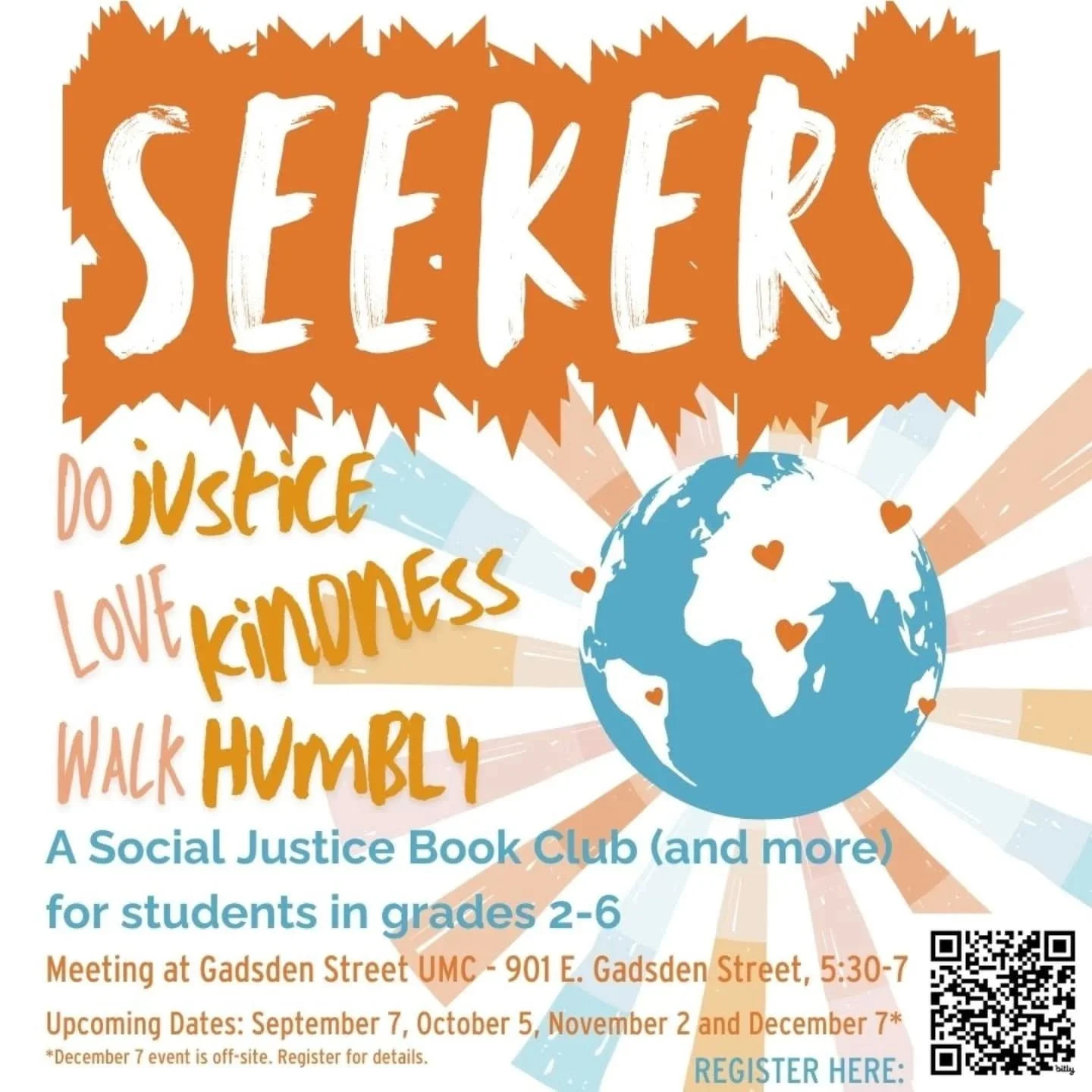Calling all kids interested in learning and growing together at Gadsden Street UMC! You're invited to join our Seekers on Sunday nights, 5:30-7 pm. Save the dates: September 7, October 5, November 2, December 7 (December 7 is off-site. Register for d