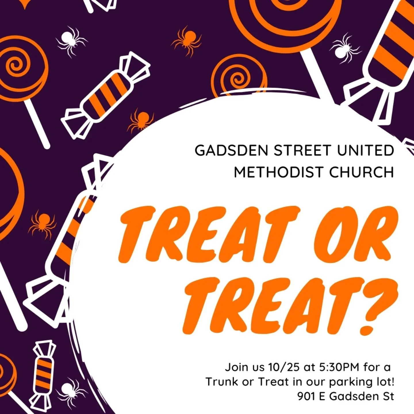 🎃 Trunk or Treat at Gadsden Street UMC! 🍬� Bring your family and friends for an evening of fun, candy, and community! Join us this Saturday at 5:30PM in the church parking lot for decorated trunks, sweet treats, and smiles all around.� Costumes are