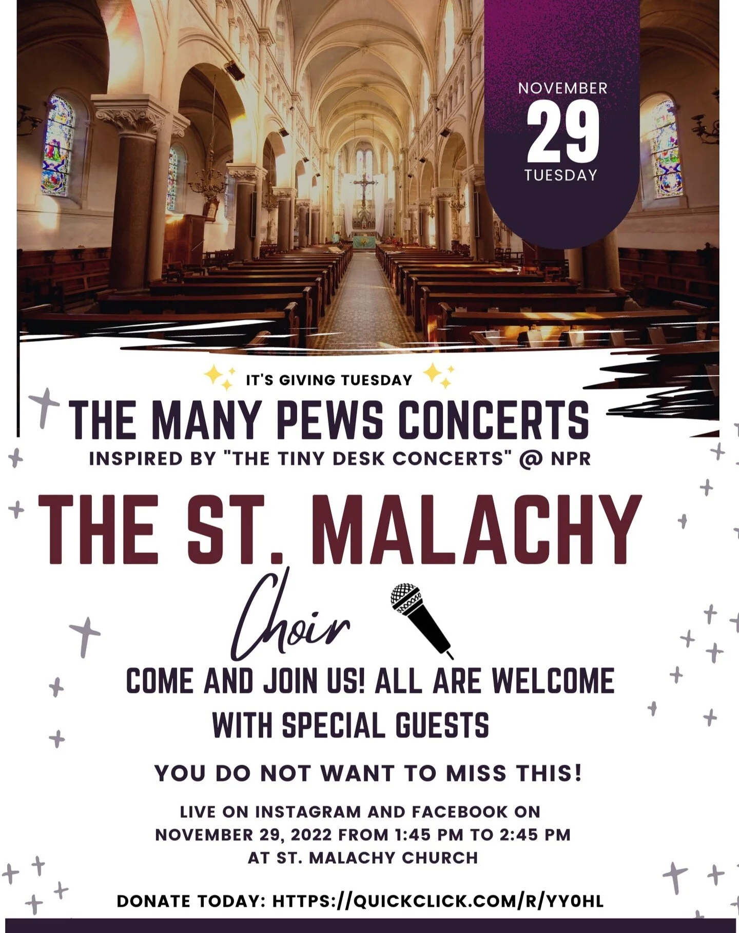 Tomorrow we are LIVE on Instagram and Facebook for The Many Pews Concerts Inspired by " The Tiny Desk Concerts" @nprmusic. The St. Malachy choir with special guests will be performing. We are in need of donations. Go to the link to donate t