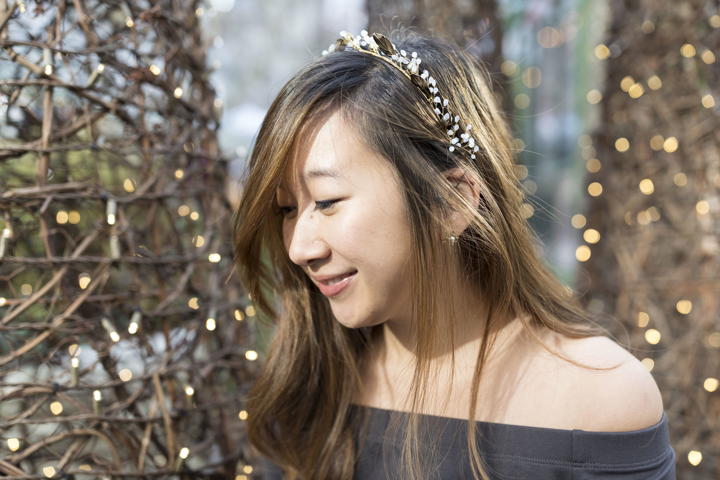 I'm wearing the Laurel Crown by Maggie Wu Studio; my stud earrings are also from the same brand. Photo by Ashley Gallerani .