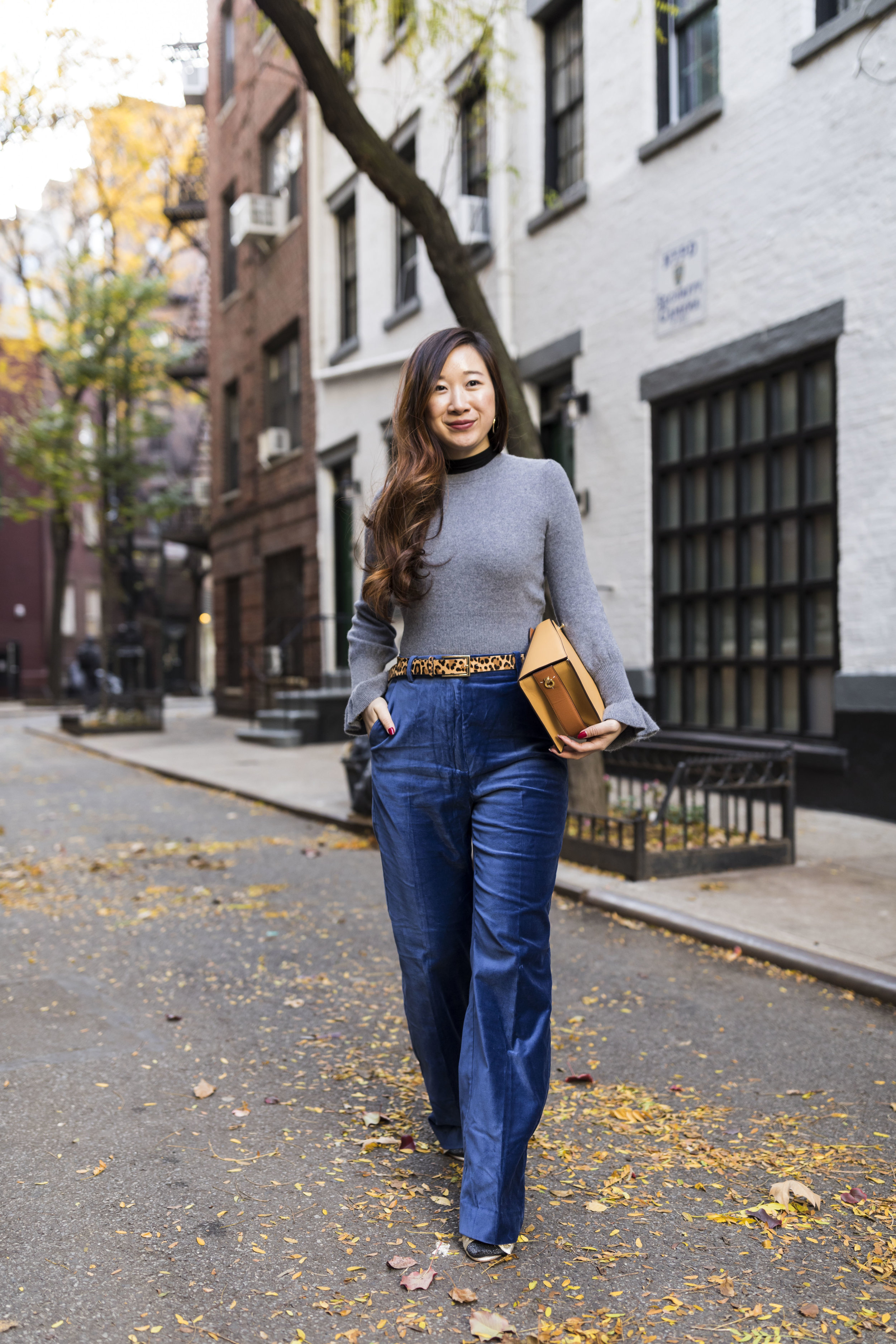 blue velvet pants outfit