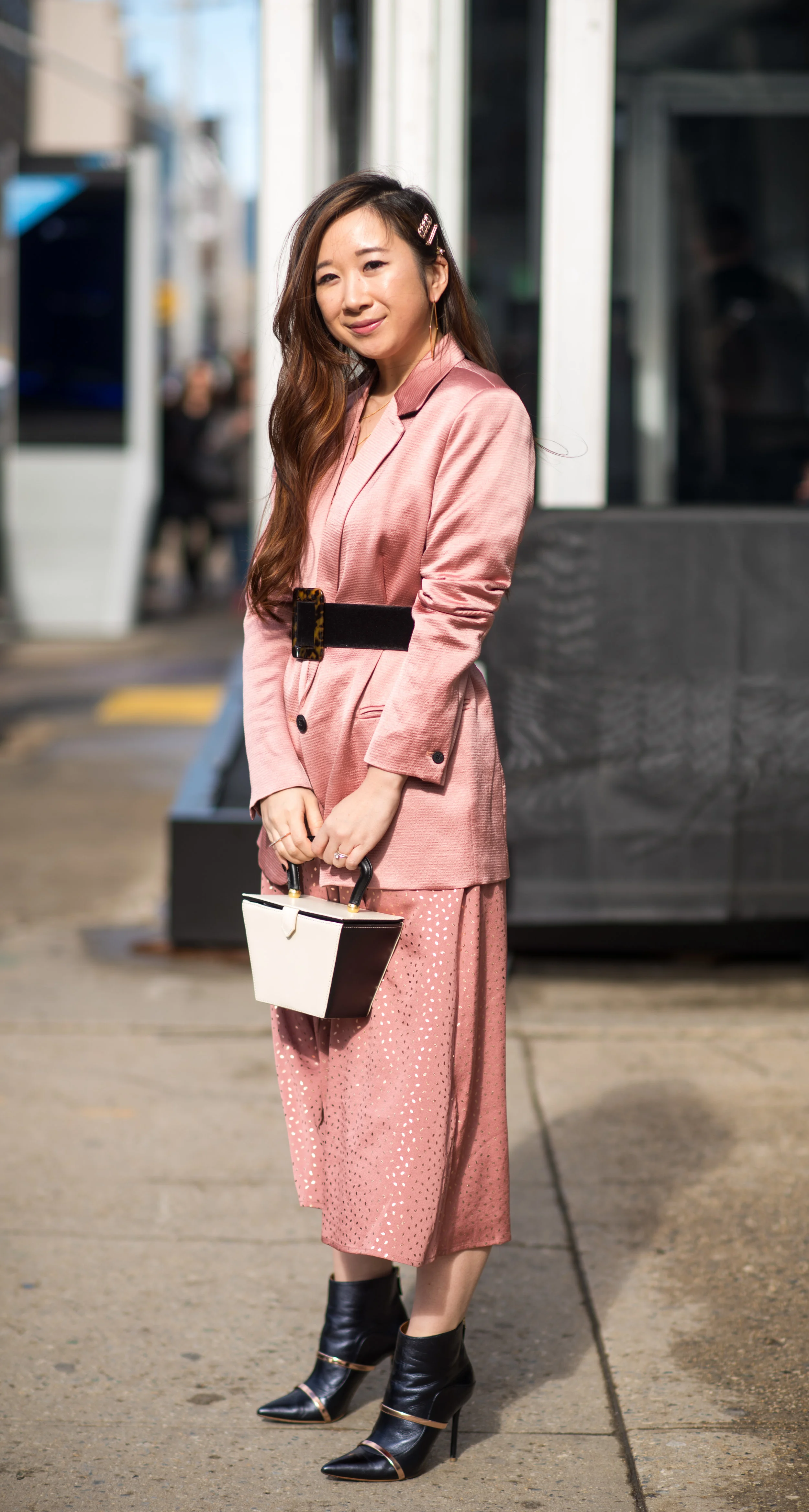 I love the shimmer effect of the satin blazer by ba&sh. Photo by Chineys Photography .