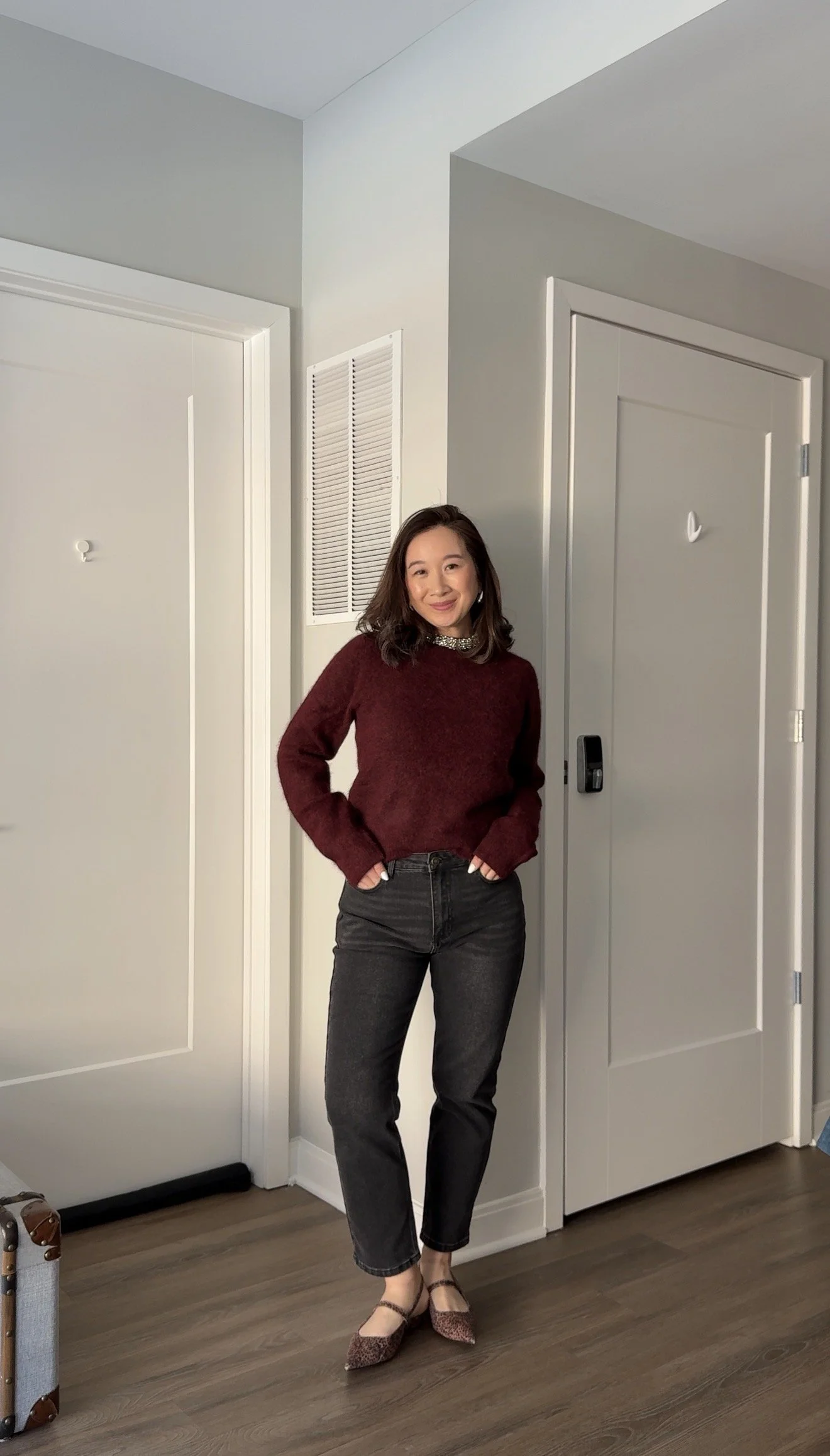 burdungy sweater with blank ankle jeans made for shorter legs on petites