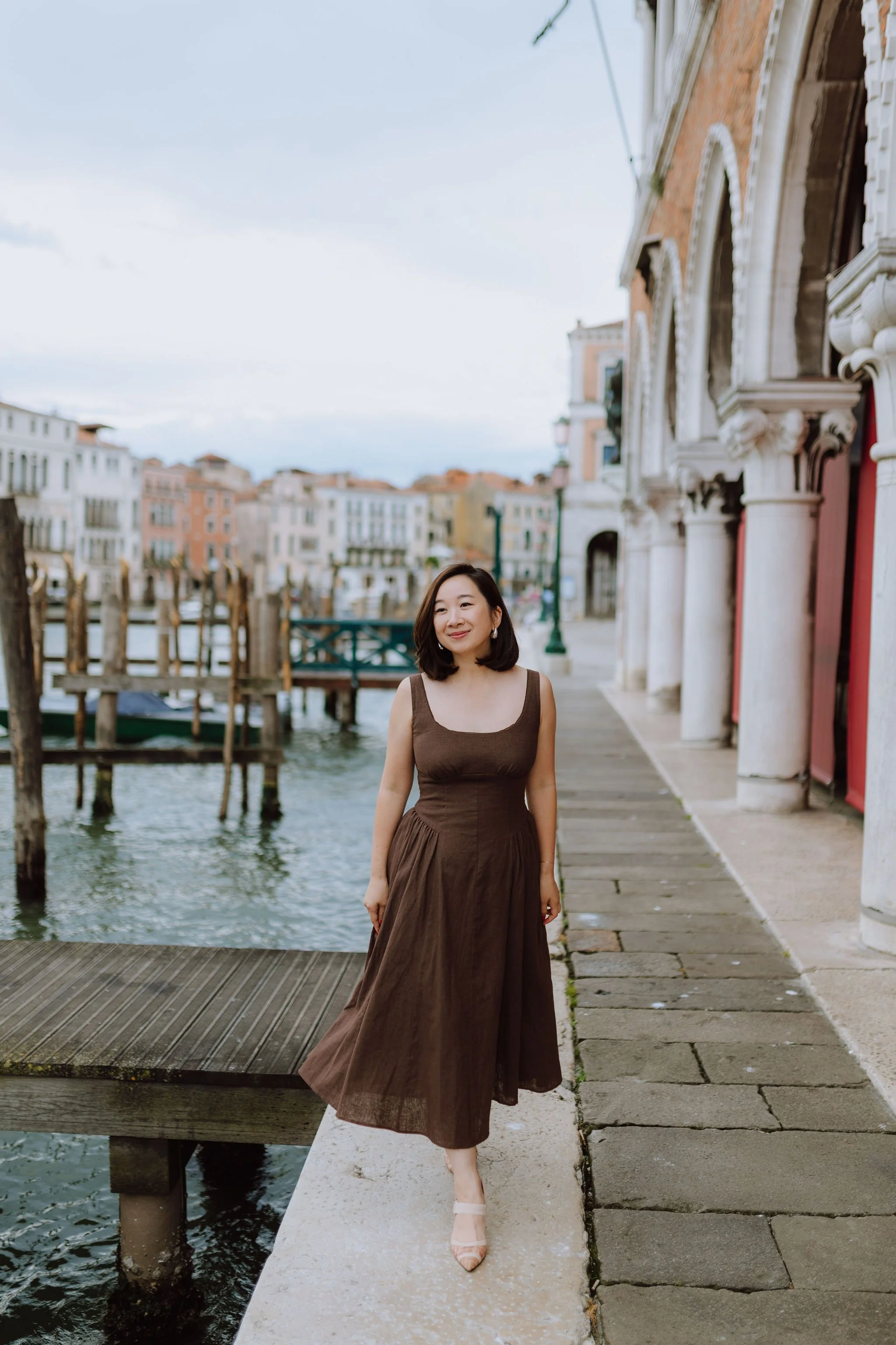 Venice brown linen summer midi dress