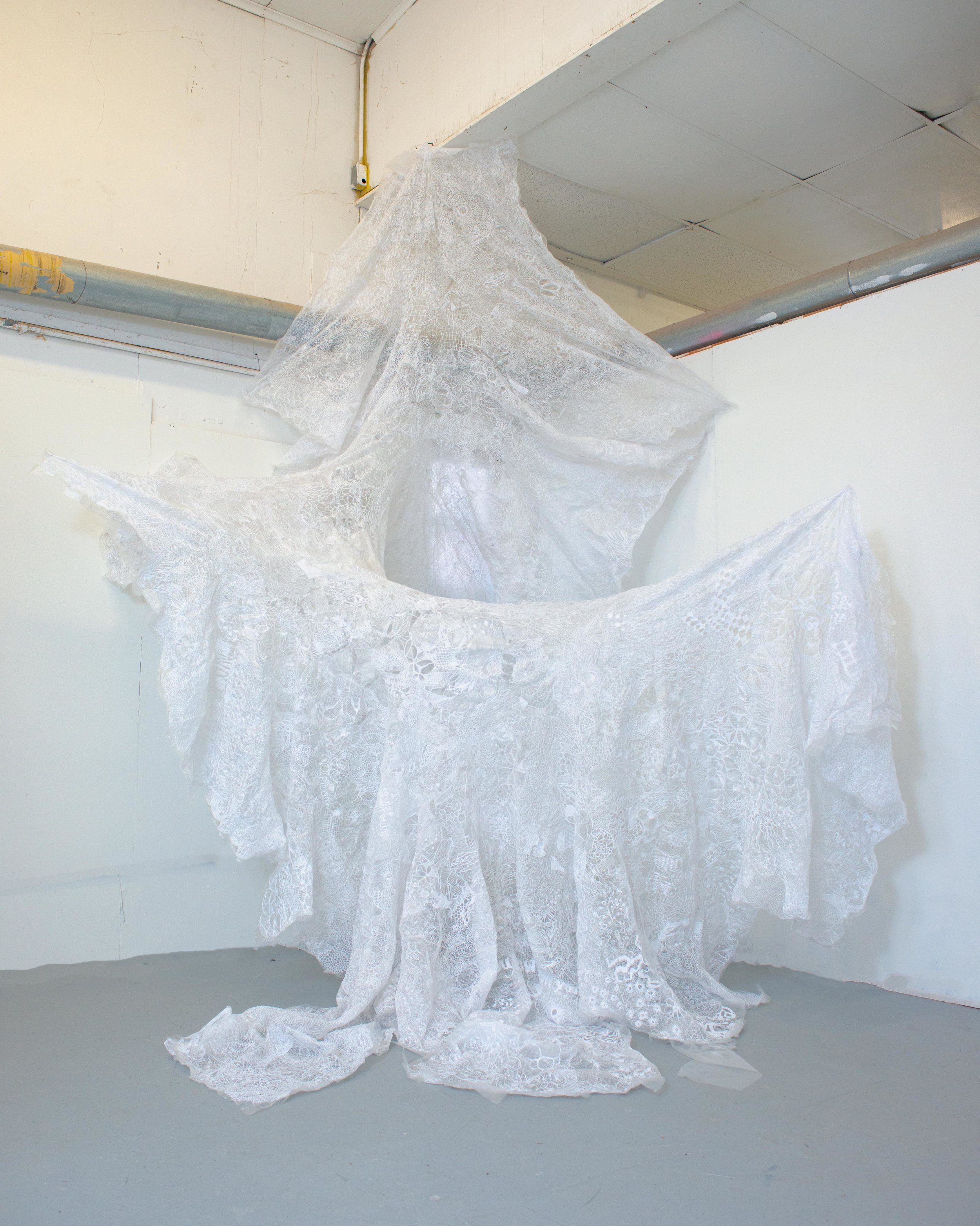 Tapestry of the Unsaid (letter to Arachne), thread on solvy, approximately 17x7' (continuously growing)