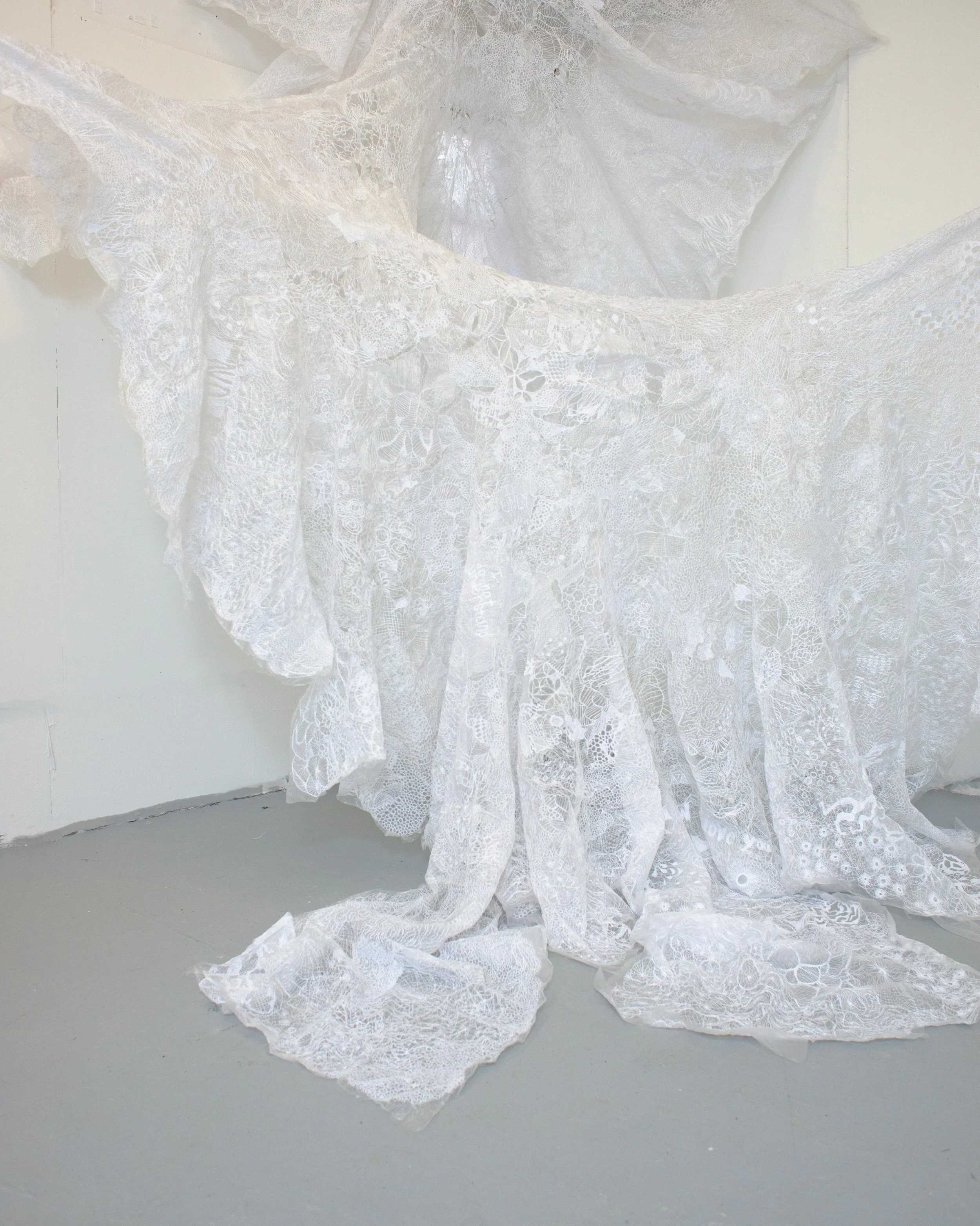 Tapestry of the Unsaid (letter to Arachne), thread on solvy, approximately 17x7' (continuously growing)