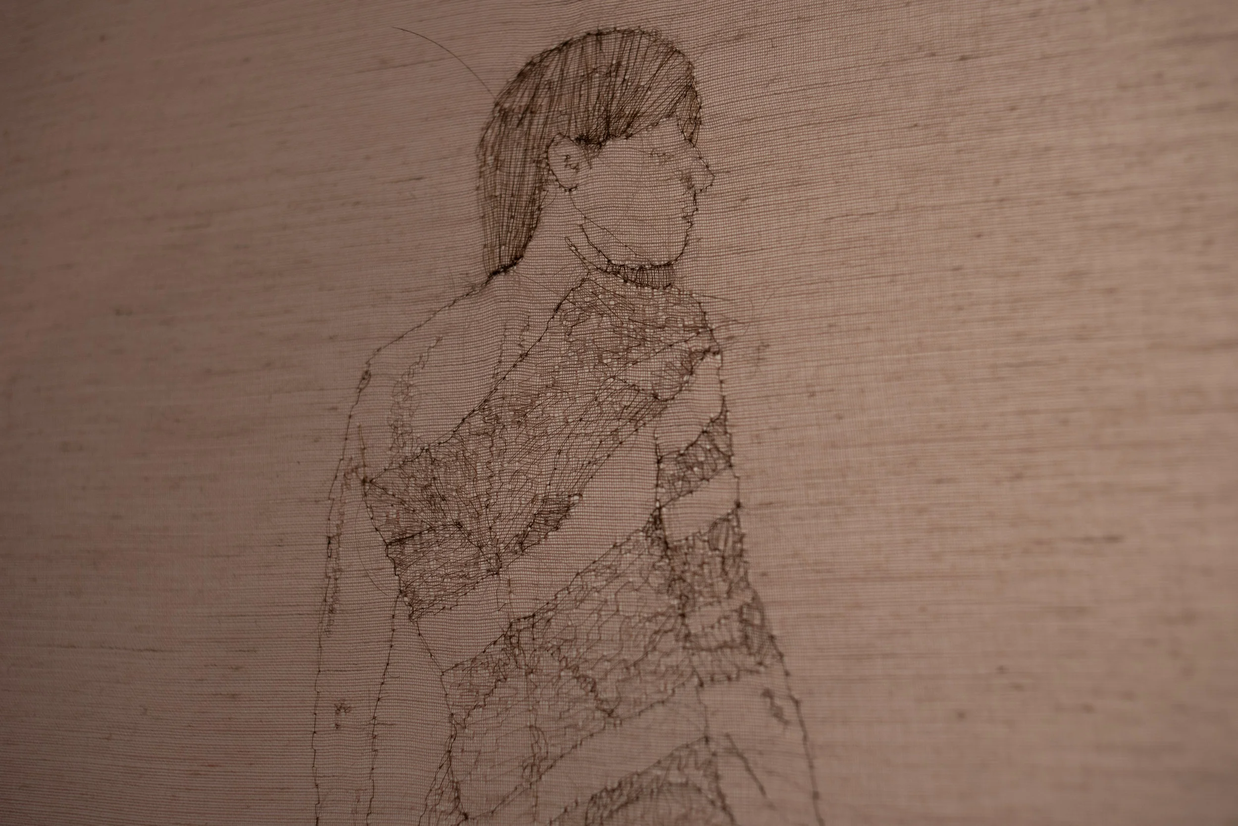 Human Hair Embroidery on Pink Curtain, 35.5x46.5"