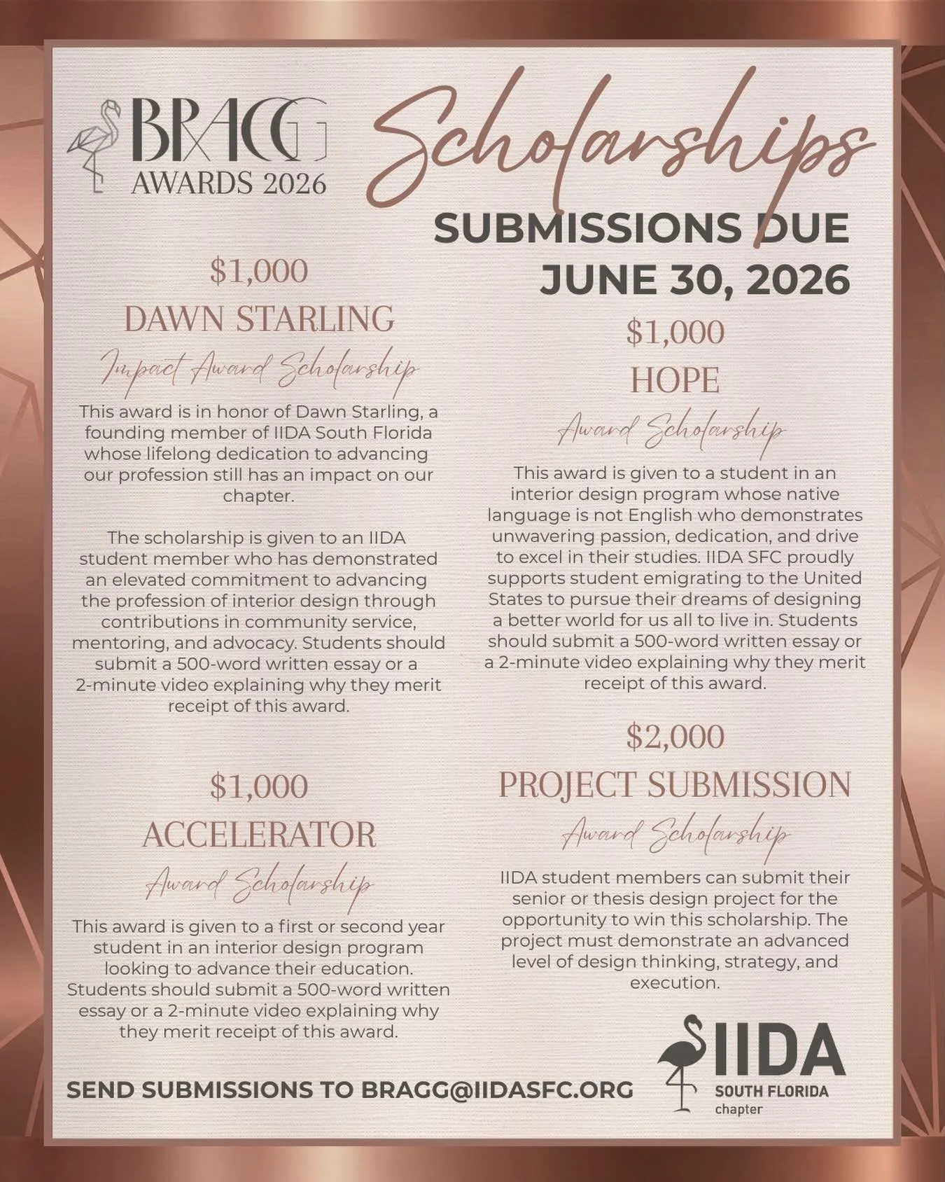 Ready to win big? 🎲🦩

The IIDASFC Student Scholarship submissions are officially LIVE! We have four ways to win, including a category specifically for Senior or Thesis projects.

This is your invitation to show the South Florida design community wh