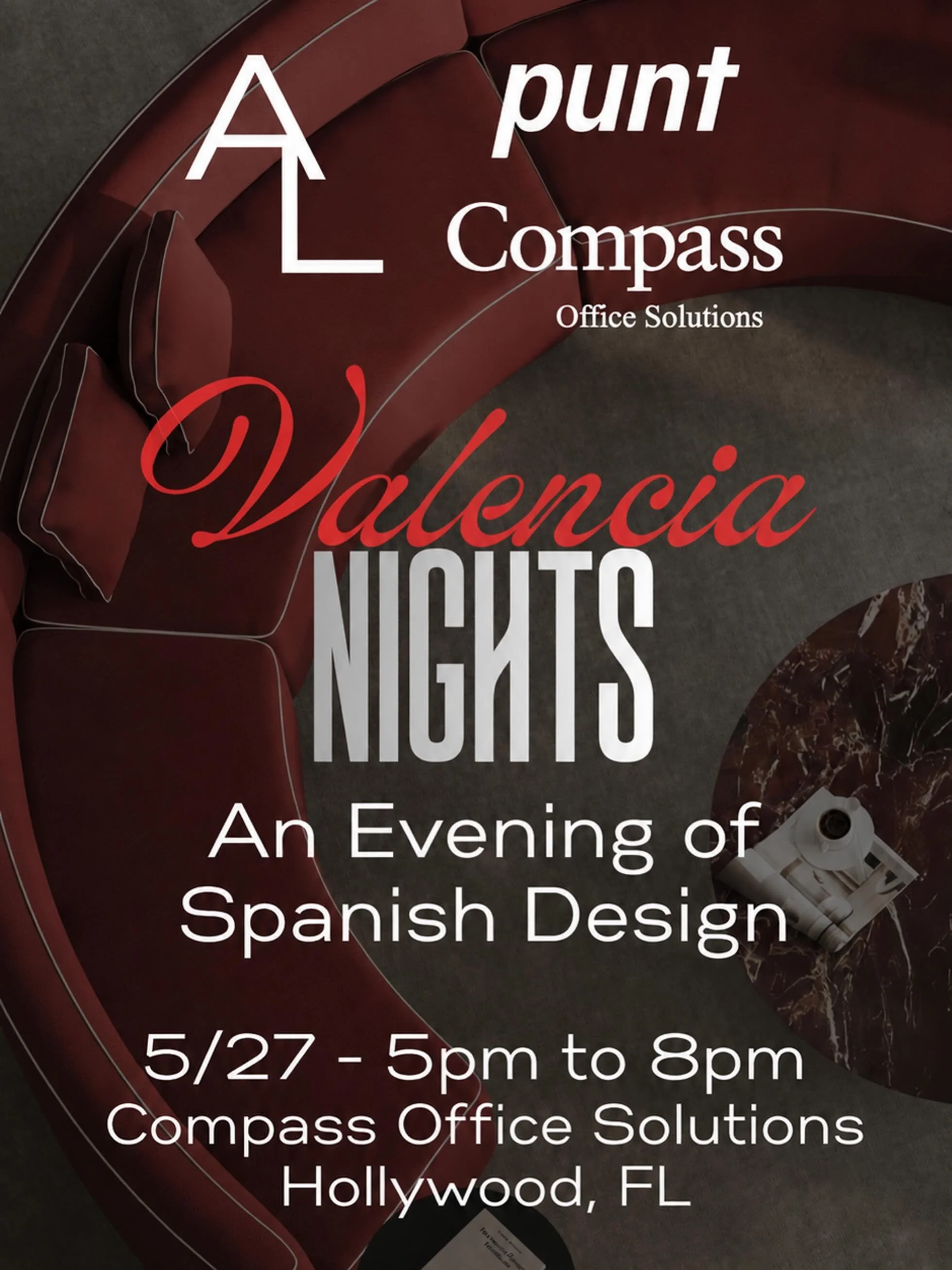 Compass Office Solutions is excited to announce we will be hosting a special event with Arte Lineas and Punt Mobles at the Compass Experience Center in Hollywood.
 
Join us for an evening with Spanish design filled with furniture, finishes, food, and