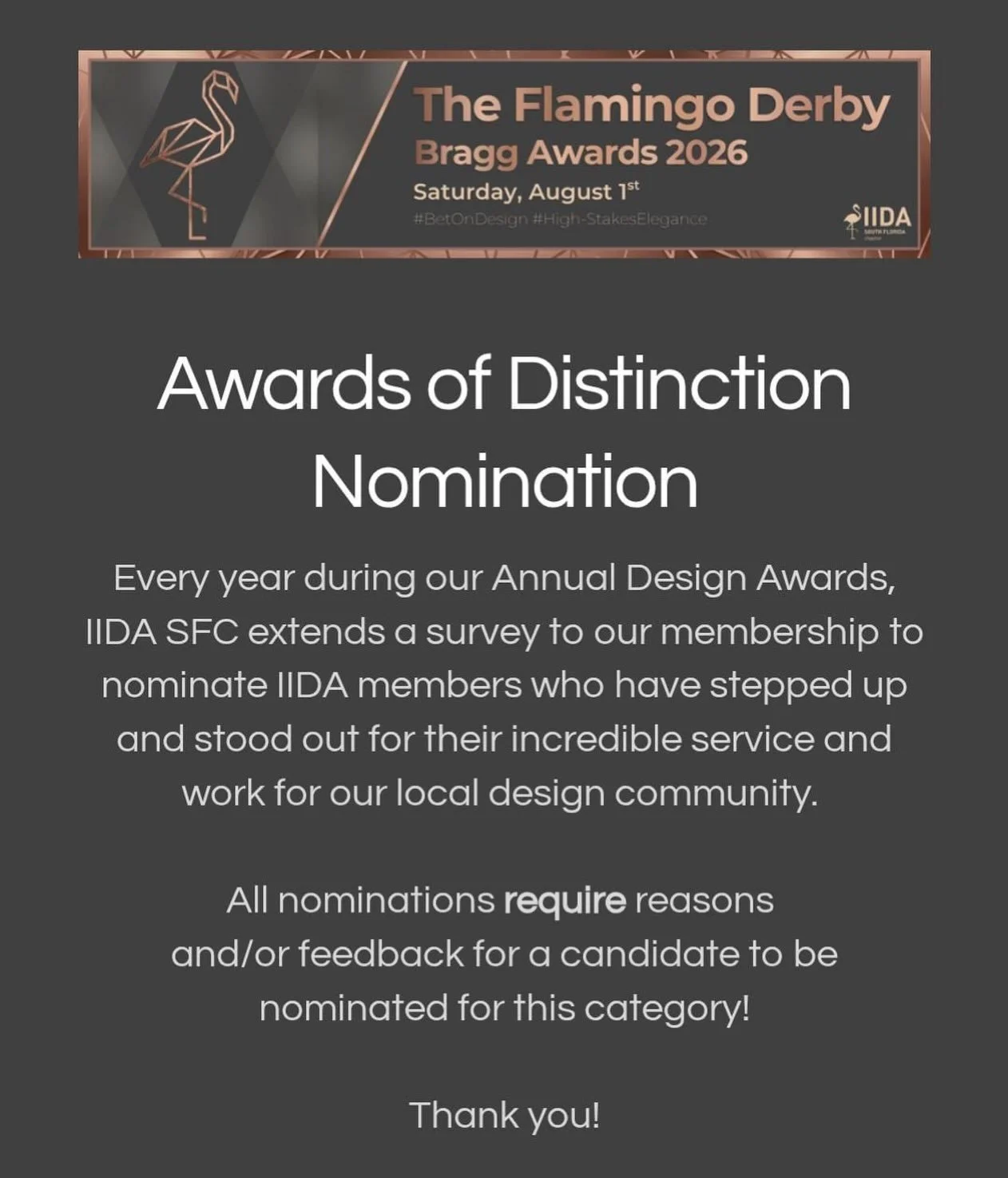 🦩 CALL FOR NOMINATIONS: Awards of Distinction 🦩

Do you know a design superstar who deserves the spotlight? A firm doing incredible work? A partner who goes above and beyond? This is your chance to nominate them for an IIDA SFC Award of Distinction