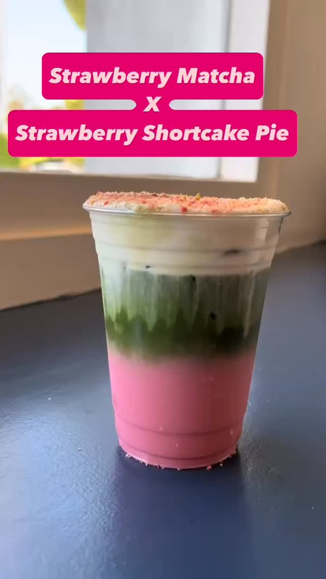 Beat this heat with Strawberry Shortcake Pie and iced strawberry matcha! 🍓
