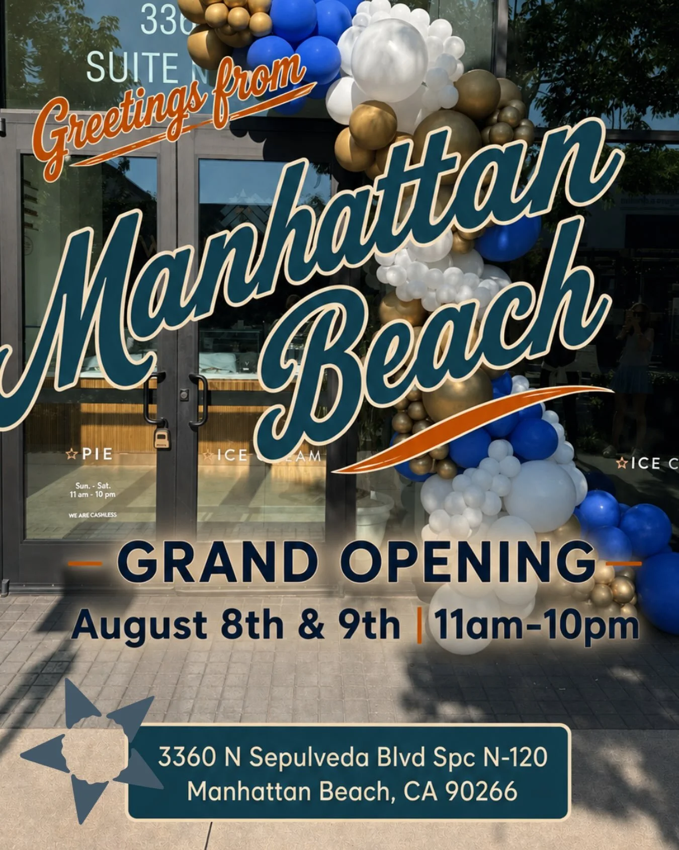 MANHATTAN BEACH GET 🥧 🌊 

OPENING WEEKEND August 8th&amp;9th 11am-10pm. Come get a slice and cool down with a specialty latte ☕️ &amp; ice cream 🍦 @mcconnellsicecreams 

First 24 customers get a free slide of our Chocolate Cowgirl Pie and a Winsto
