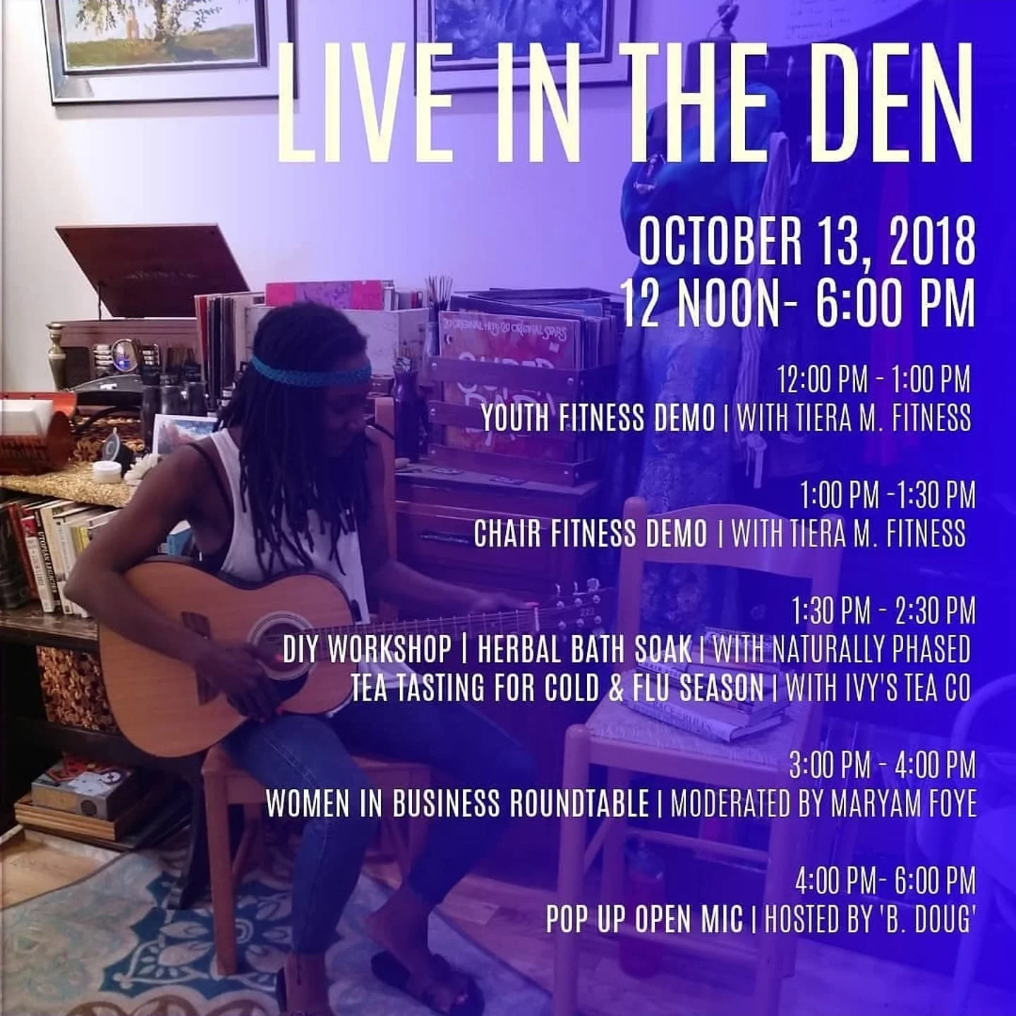 Oct 13 | Fitness, workshops and open mic events @ The Den