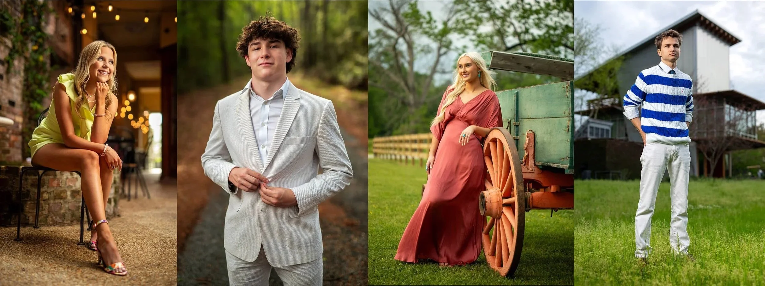 Four teenagers, two females and two males, in fashionable outfits, posing outdoors in various settings.