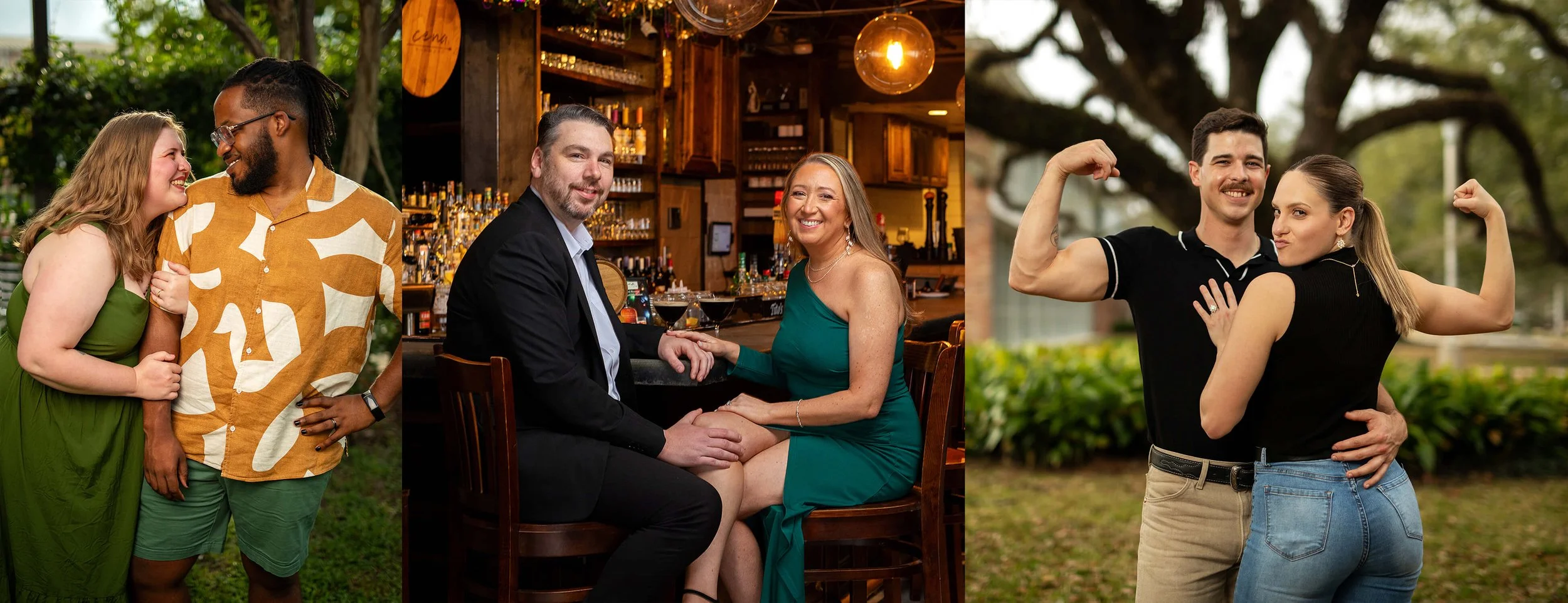 Collage of three couples enjoying time together: a couple smiling and holding hands outdoors, a couple seated at a bar in a restaurant, and a couple flexing muscles outdoors with trees in the background.
