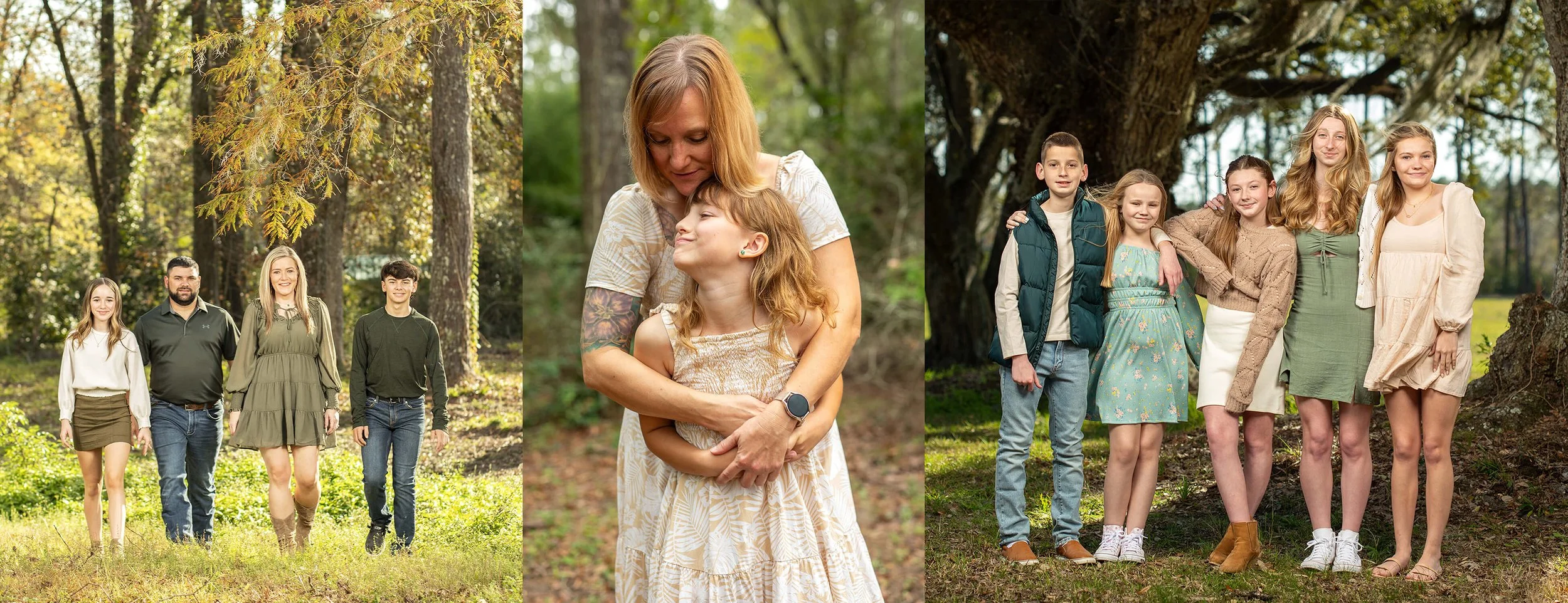 Three photos of people outdoors: the first shows a group of four people walking through a wooded area, the second shows a woman hugging a young girl in a forest, and the third shows five young people standing together in a park, smiling.