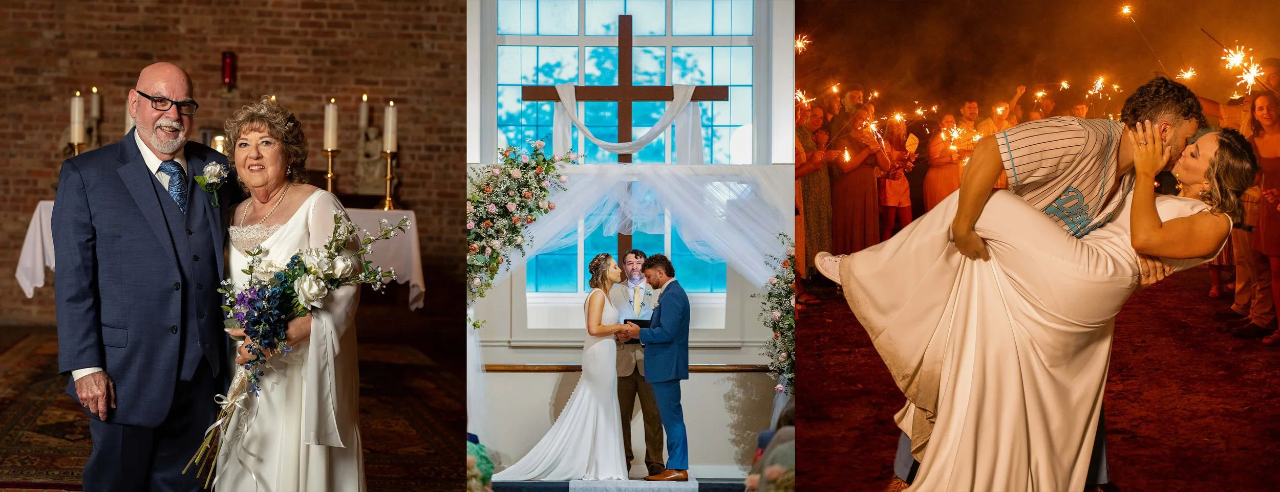 A collage of three wedding scenes: First, an elderly couple in formal attire smiling indoors; second, a bride and groom exchanging vows under a decorated altar with a cross in a church; third, a wedding reception where a groom dips and kisses a bride among guests holding sparklers at night.
