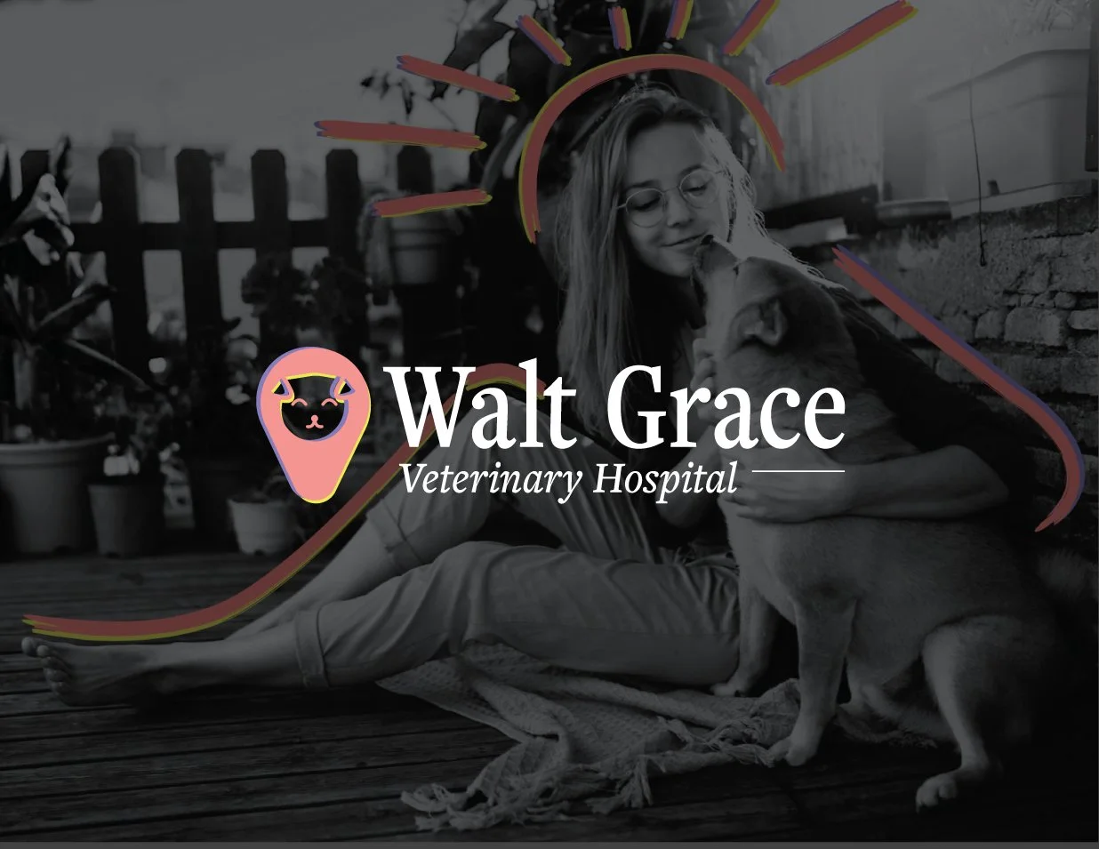 Logo for Walt Grace Veterinary Hospital featuring a pink location pin with a black cat face, overlaying a black-and-white photo of a woman sitting on a wooden deck, smiling at a dog, with potted plants in the background.