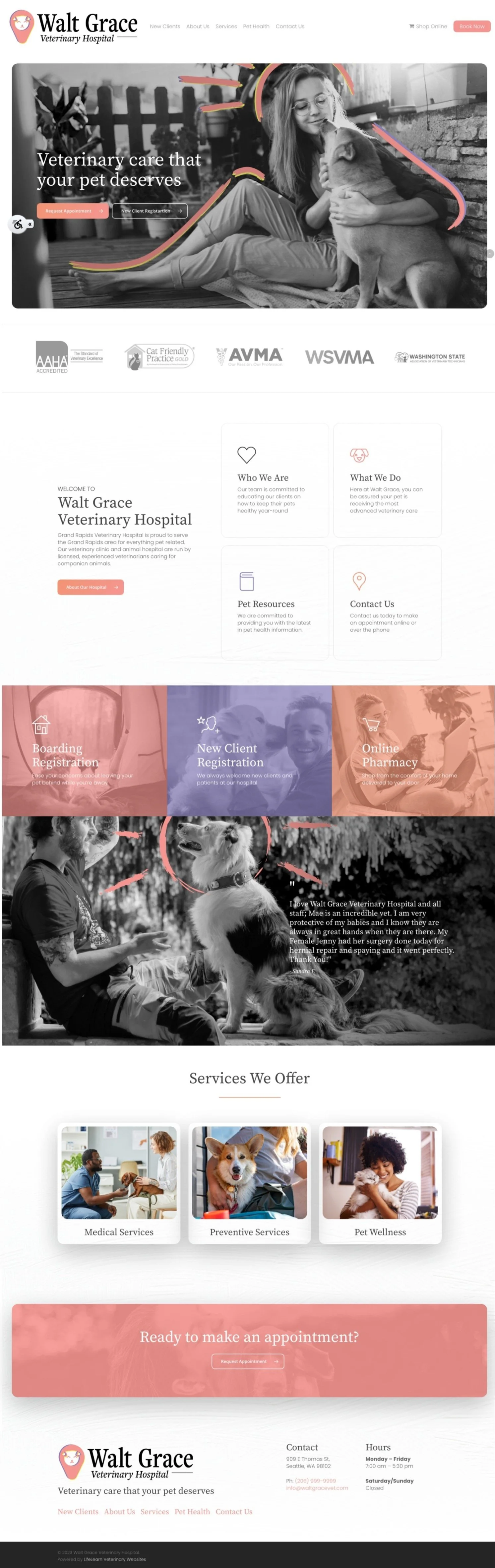 Homepage of Walt Grace Veterinary Hospital featuring a black-and-white photo of a woman with glasses sitting on the ground, petting a large dog, with colorful doodle-style lines overlay. The page includes navigation links, a slogan "Veterinary care that your pet deserves," and service sections for medical services, preventive services, and pet wellness.
