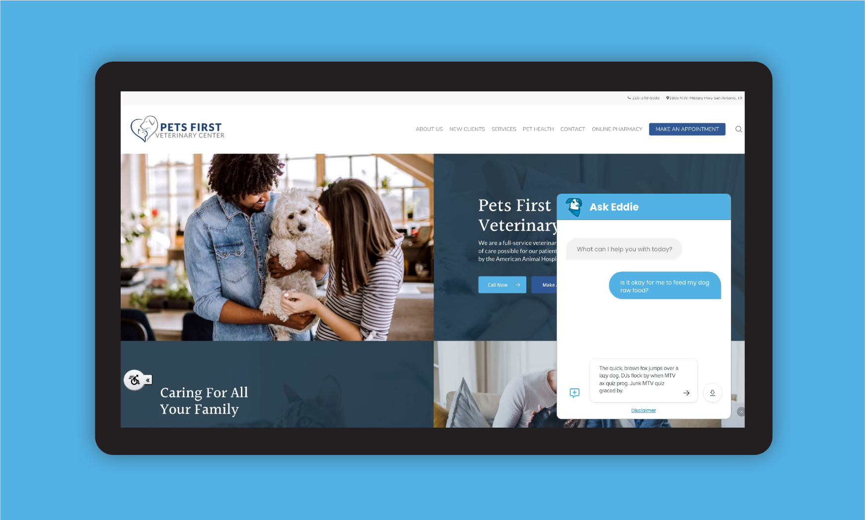 Screenshot of a veterinary clinic website called Pets First Veterinary Center, showing a chat window asking about feeding a dog, and a photo of a person holding a small white dog with a woman in a striped shirt, and a man in a denim jacket.