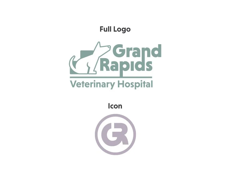 Sample veterinary hospital logo featuring a dog silhouette, with text 'Grand Rapids Veterinary Hospital' and an icon with a stylized 'GR' inside a circle.