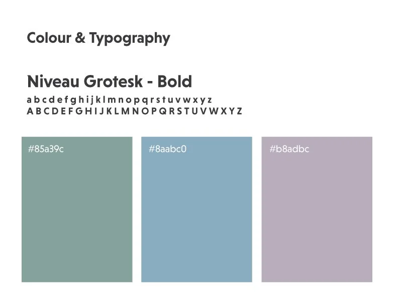 Color palette and typography example with three pastel color swatches and sample uppercase and lowercase fonts.